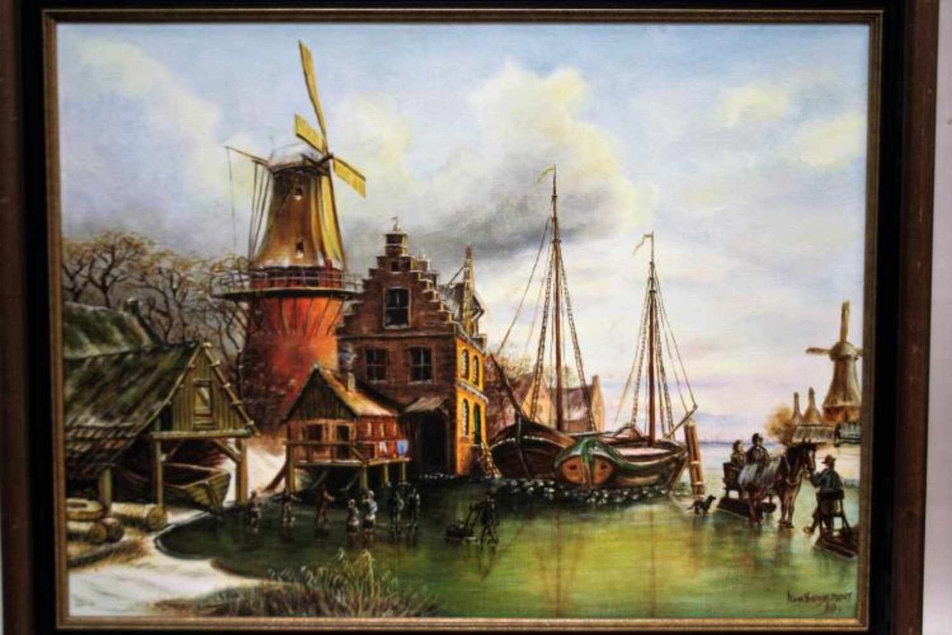 'Mooie winterdag' klassiek schilderij op canvas, gesigneerd, gedateerd 1980, 60x80 cm. (Classical