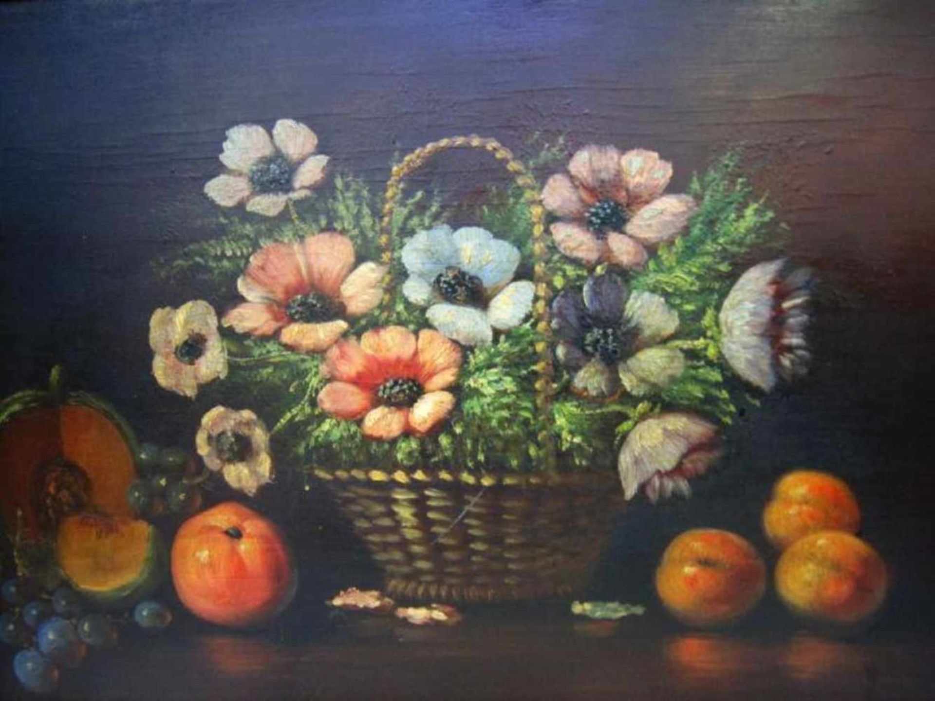 'Stilleven met bloemen en fruit' schilderij op paneel, 40x60cm (classical painting, board)