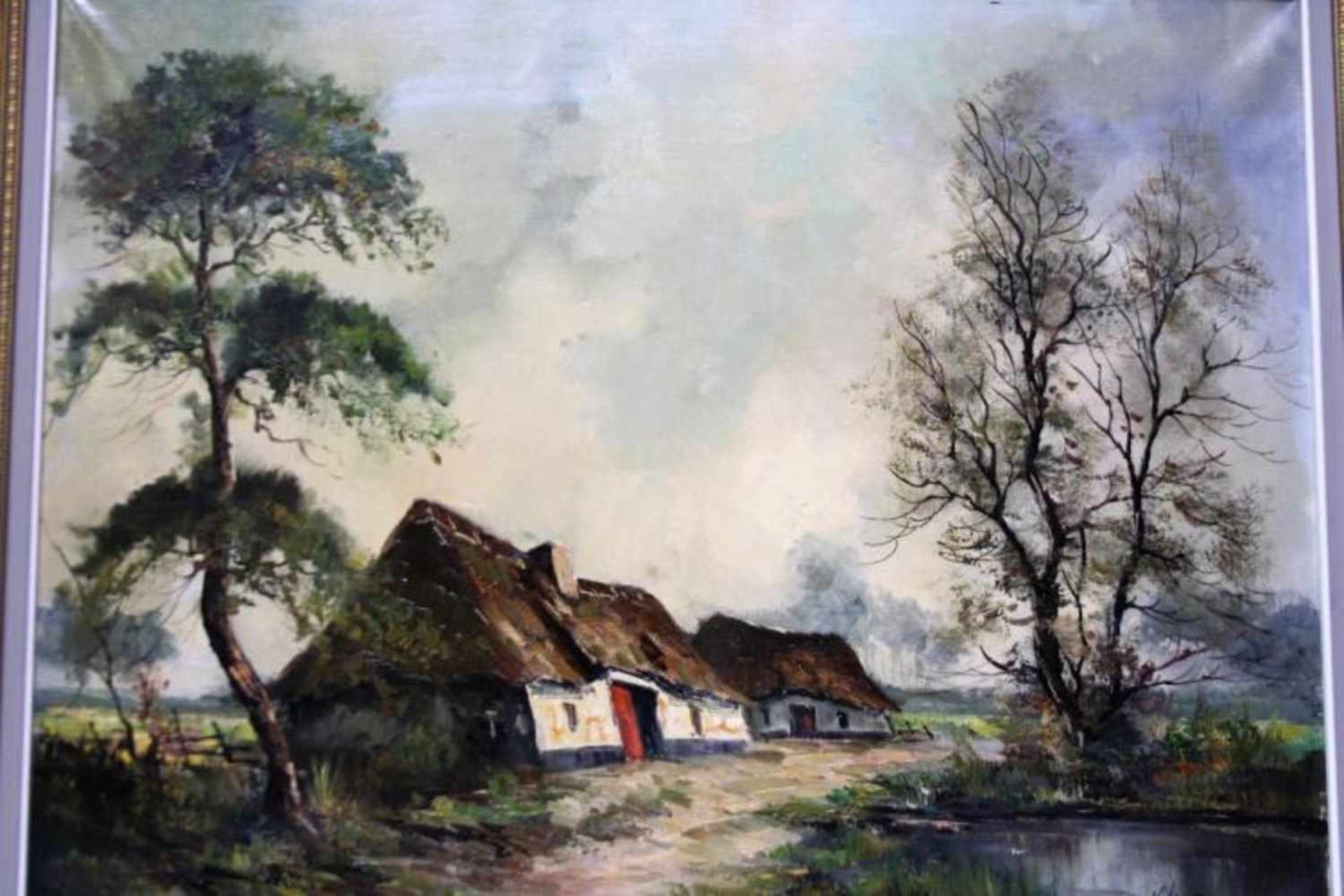 'Landschap met hoeve' schilderij op doek, gesigneerd, 60x80cm. (Classical painting, signed, canvas)