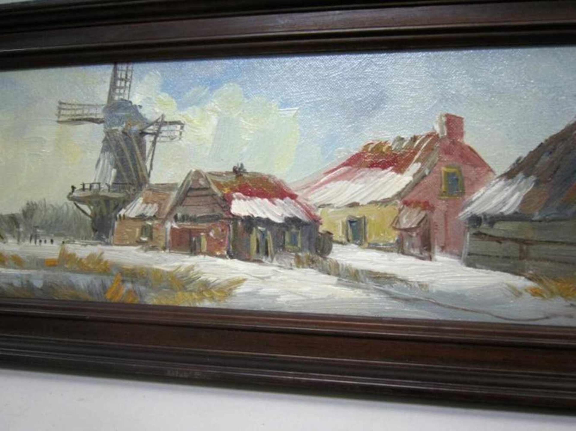 'Landschap met twee molens' schilderij maroufle, onduidelijk ges. 15x60cm (classical painting,