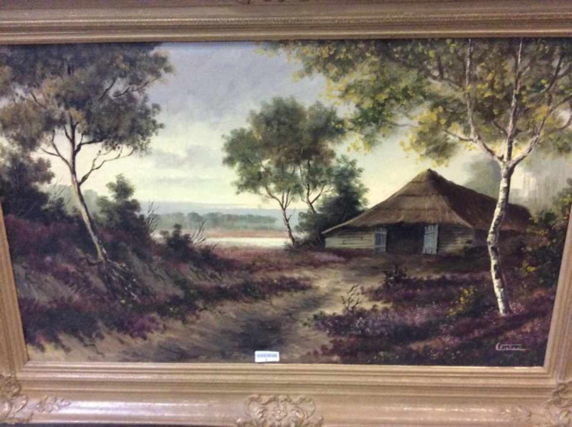 Finke 'Boerderij op de heide' schilderij op doek, gesigneerd, 60x100 cm. Classical painting, signed,