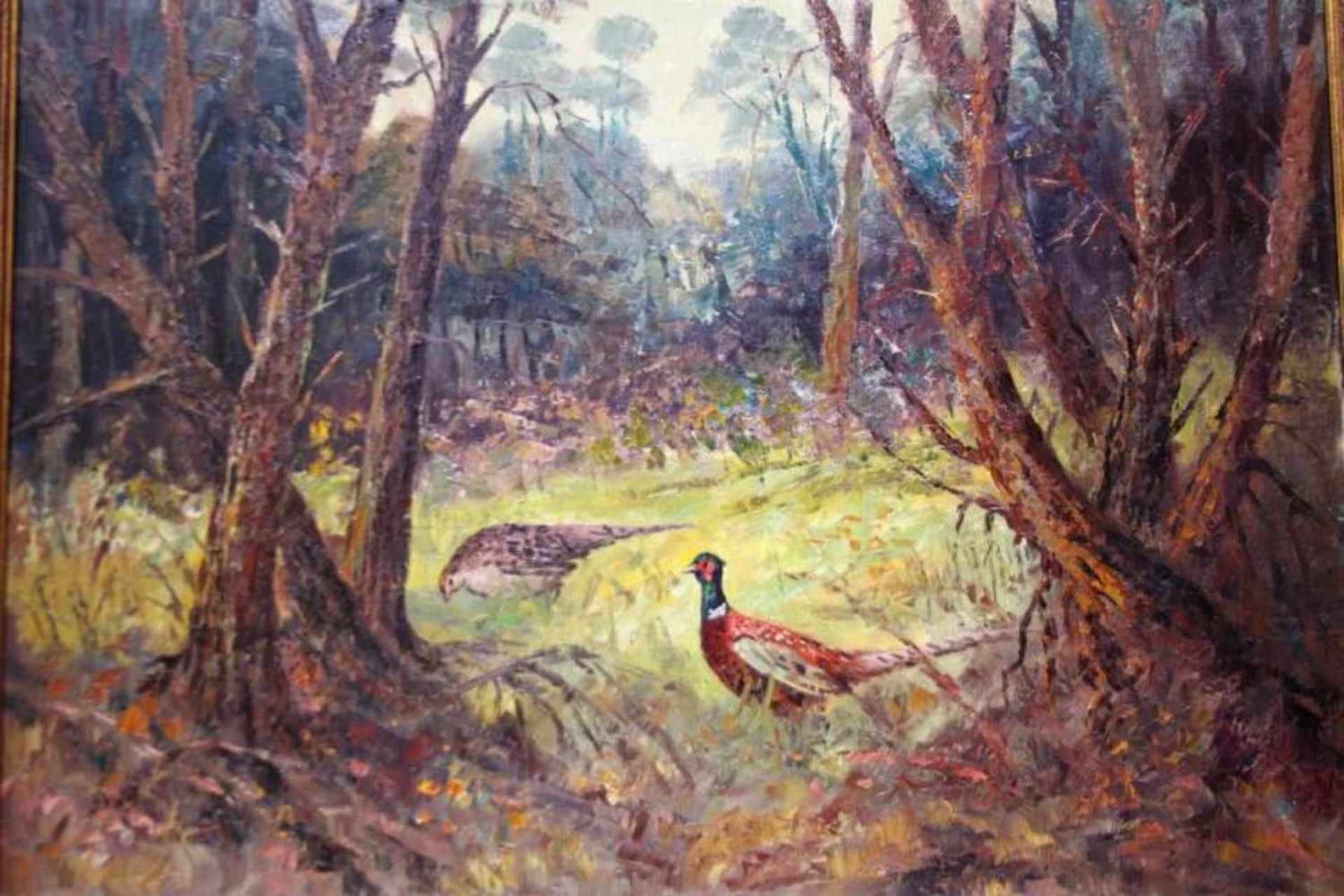 J. Koning 'Fazanten in het bos' schilderij op doek, 60x80cm. (Classical painting, signed, canvas)