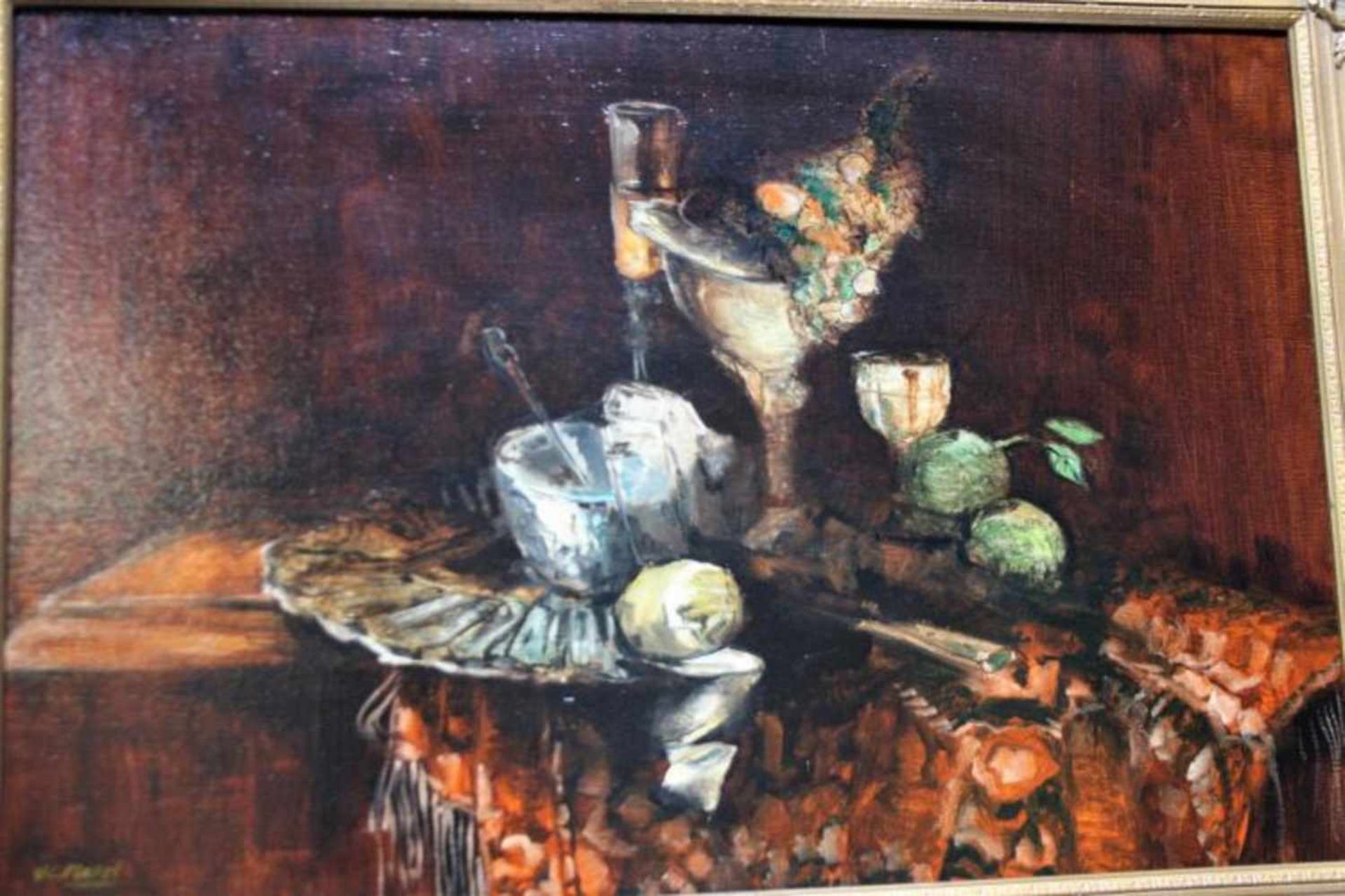 V.C. Marel 'Stilleven met fruitschaal en citroenen' schilderij op doek, gesigneerd, 60x90 cm. (