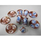 Hirado Japan eggshell porcelain cup, beakers and saucers with Samurai and Mount Fuji decoration