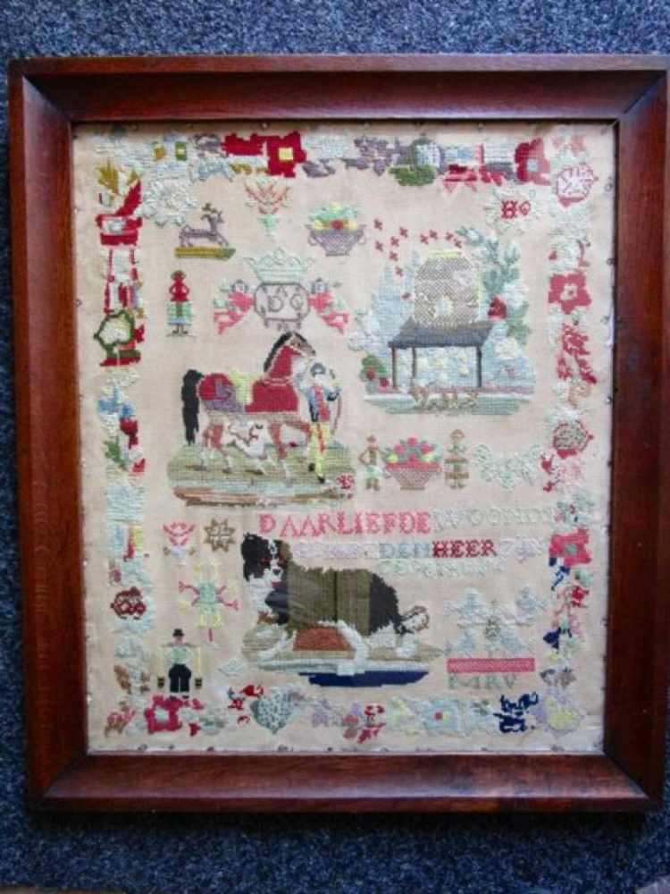 Oude merklap, ingelijst, 65x55cm Old sampler in frame, 65x55cm