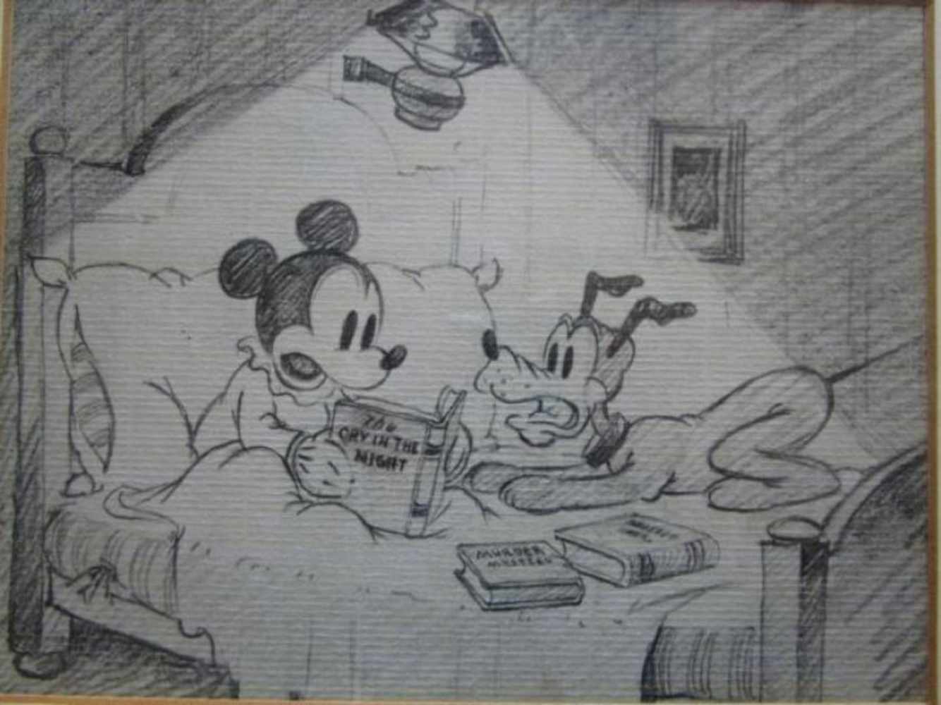 Tekening van Mickey Mouse en Pluto 'The cry in the night' 16x20cm