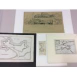 Drie oude gravures met plattegrond en een pentekening van Terneuzen