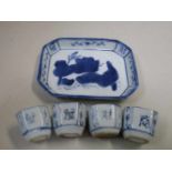 Chinees porseleinen sake stelletje: blad (13x10cm) en vier kopjes