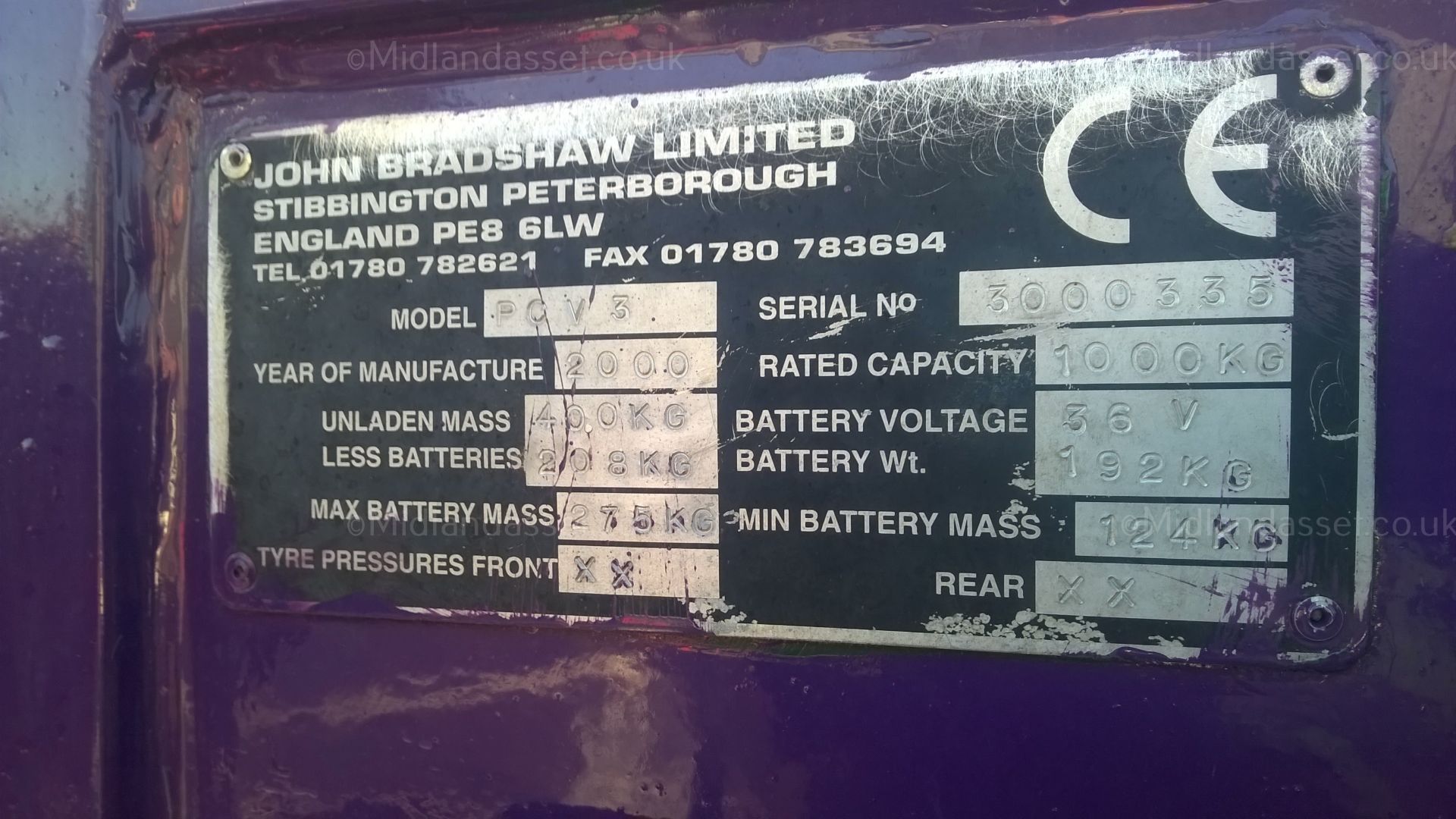 BRADSHAW BATTERY TROLLEY   YEAR OF MANUFACTURE: 2000 UNLADEN MASS: 400 kg RATED CAPACITY: 1,000 - Image 3 of 4