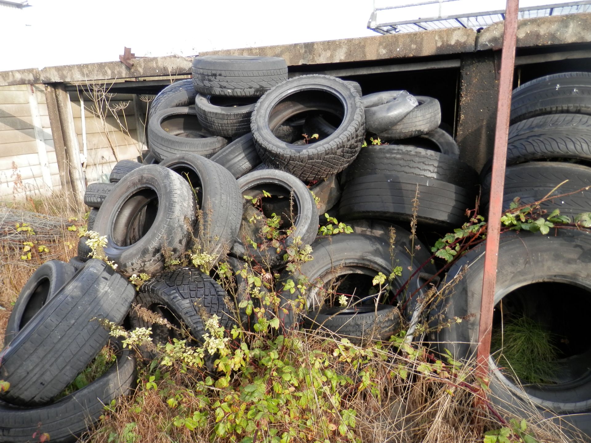 3 GARAGES FULL OF USED, PART WORN TYRES. ASSORTED FROM CAR TO LORRY TYRES. POSSIBLY 800+