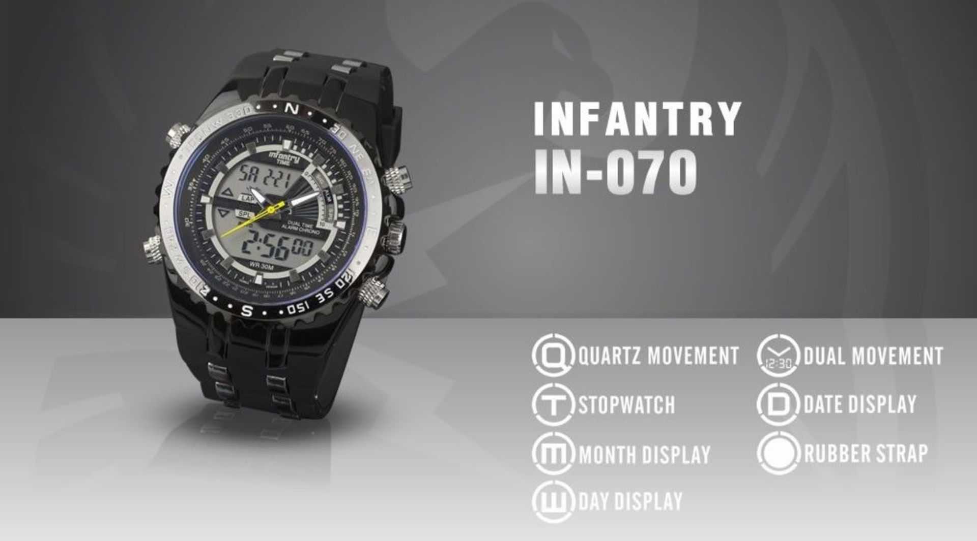 MENS INFANTRY ANALOGUE & DIGITAL WRIST WATCH WITH RUBBER STRAP 3ATM - Image 2 of 7