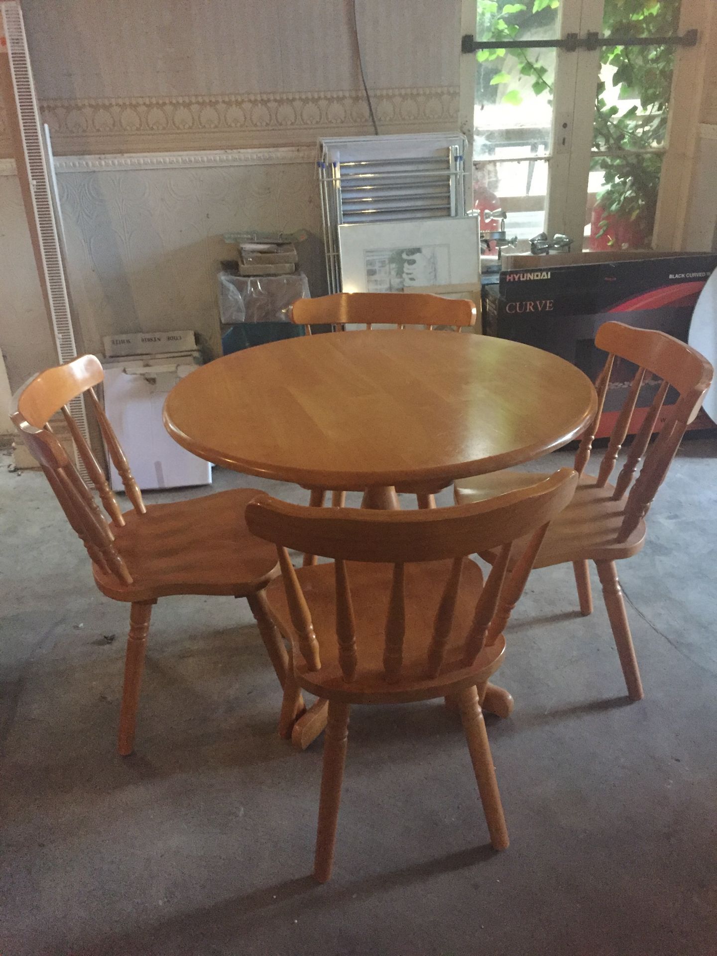 SOLID PINE ROUND DINING TABLE AND FOUR CHAIRS  BEEN IN THE SAME HOUSE SINCE NEW  GOOD CONDITION WITH - Image 2 of 6