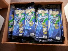 BOX OF NEW PACKAGED DISPOSABLE RAZORS. APPROX 120 PACKS OF 30 X RAZORS. NO RESERVE