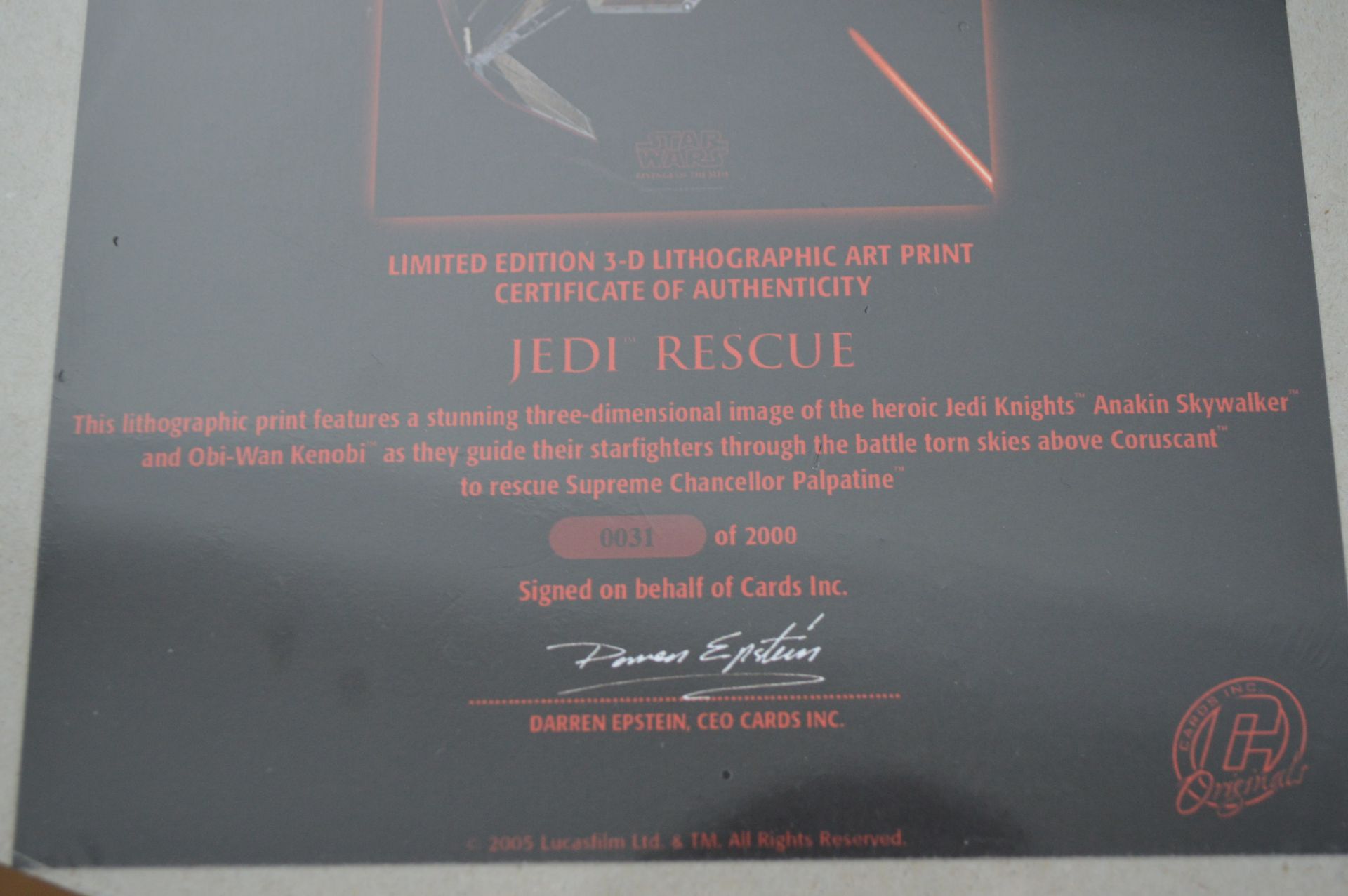 LIMITED EDITION STAR WARS 3D LITHOGRAPHIC PRINT WITH CERTIFICATE OF AUTHENTICITY - Image 3 of 4