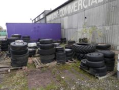 85 + ASSORTED LORRY, CAR & TRAILER TYRES & WHEELS, AS PICTURED. BUYER TO COLLECT COMPLETE