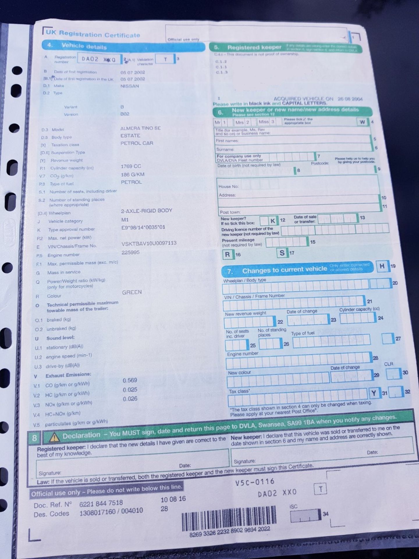 2002/02 REG NISSAN ALMERA TINO SE GREEN, SHOWING 1 FORMER KEEPER *NO VAT* - Image 11 of 12