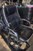 X1 BLACK LEATHER OFFICE CHAIR WITH BACK SUPPORT & X2 BLUE CLOTH OFFICE CHAIRS *NO VAT*