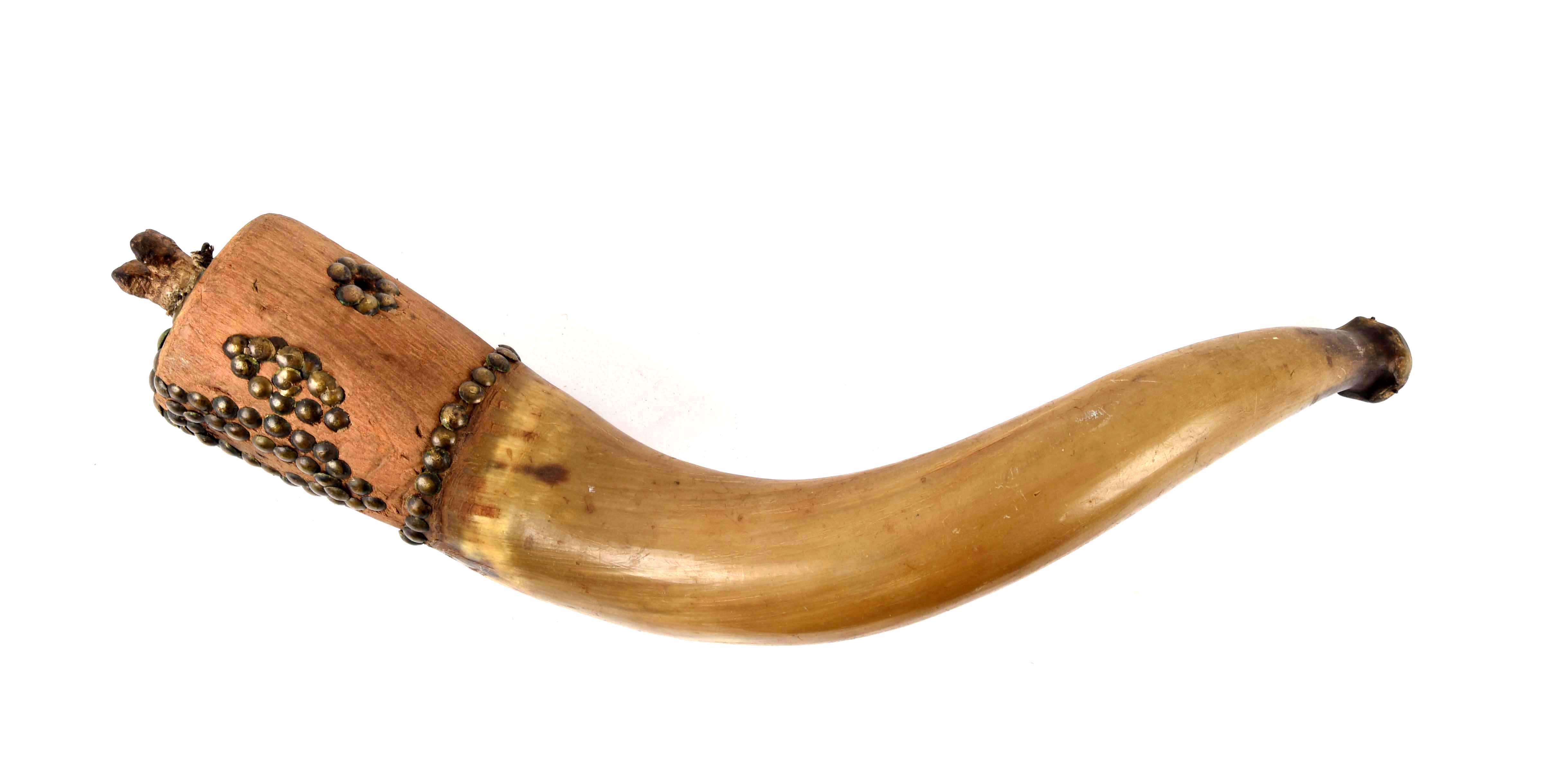 Powder Horn with Whale Effigy, Likely Native American Indian with Brass Tack Decoration.