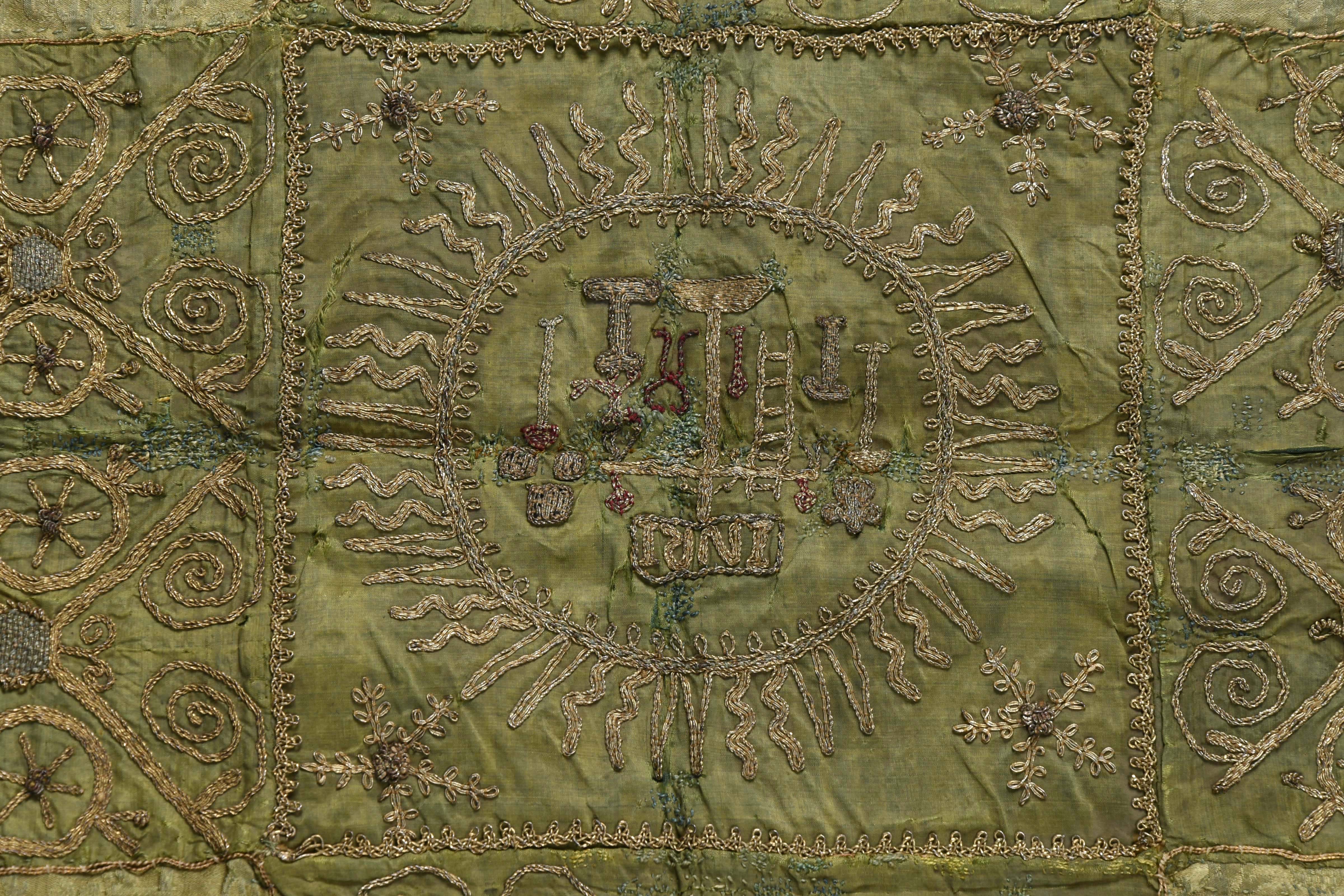 Religious Folk Art Stump Work on Green Silk. - Image 2 of 2