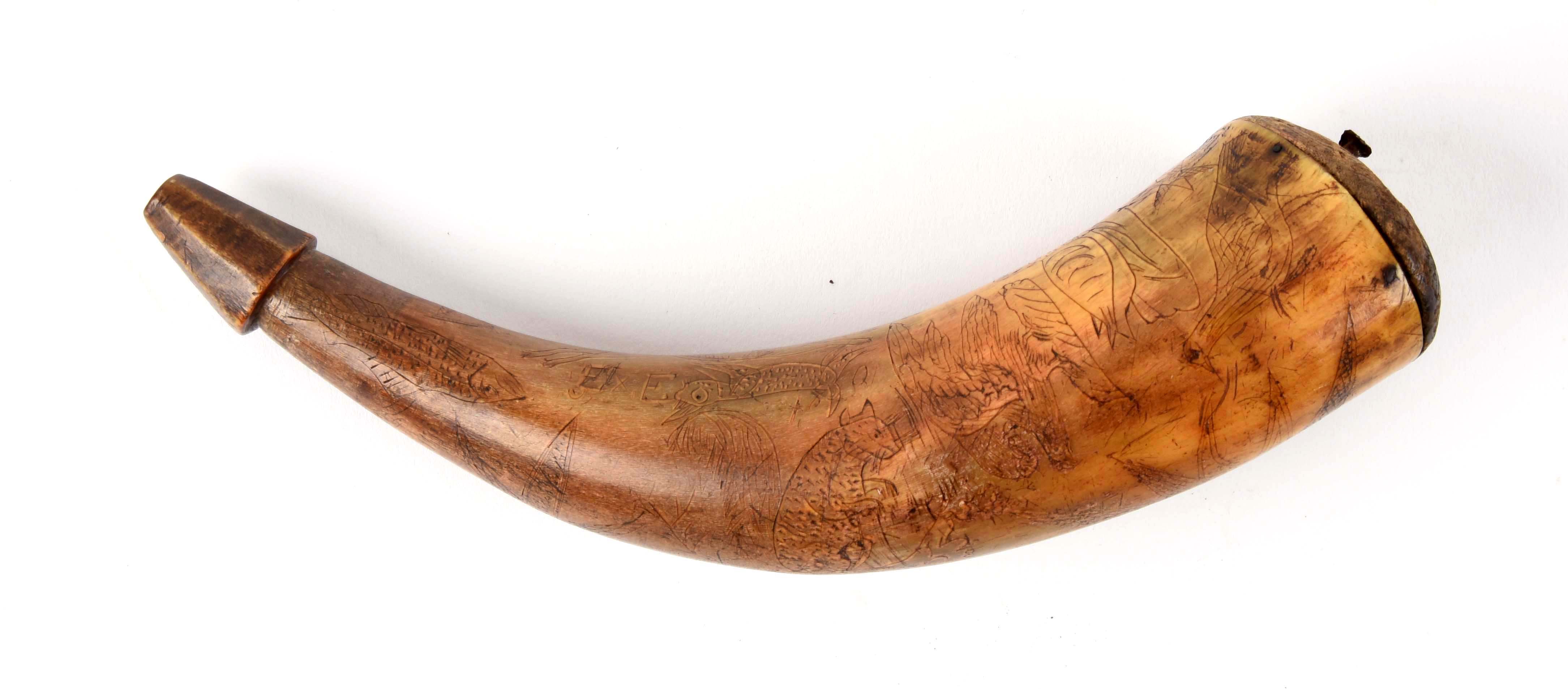 19th Century Powder Horn Engraved with “Animals of the Hunt”. - Image 2 of 3