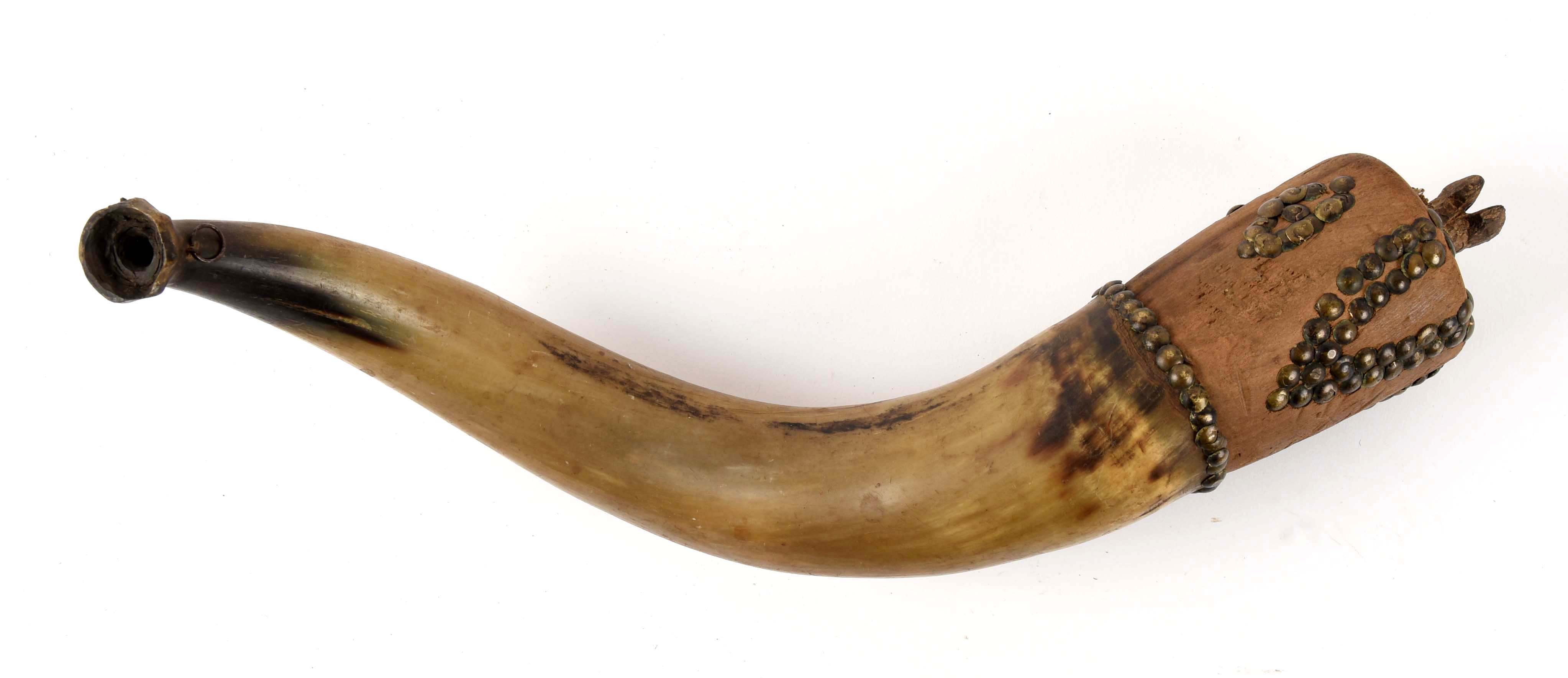 Powder Horn with Whale Effigy, Likely Native American Indian with Brass Tack Decoration. - Image 2 of 3