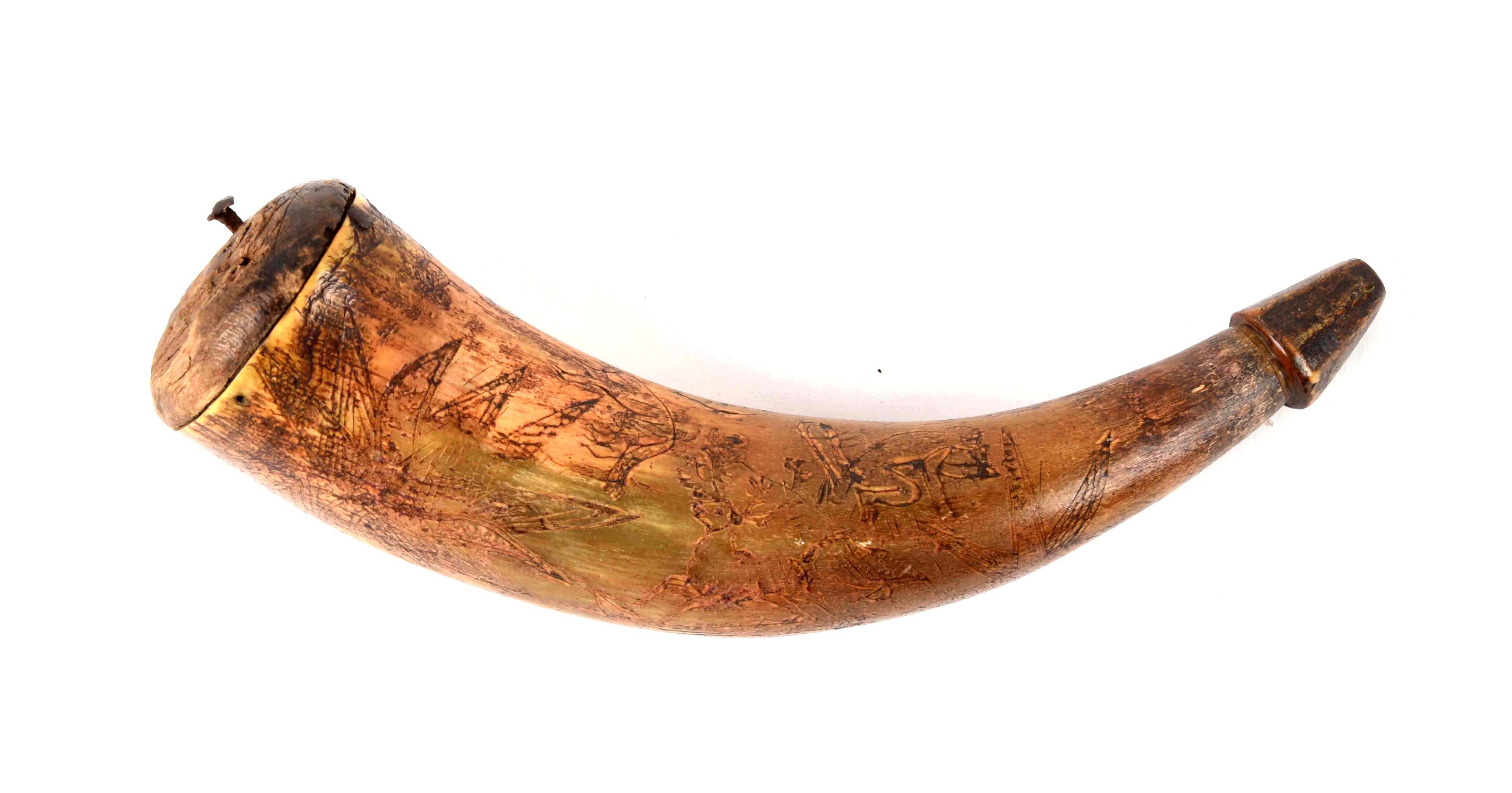 19th Century Powder Horn Engraved with “Animals of the Hunt”.