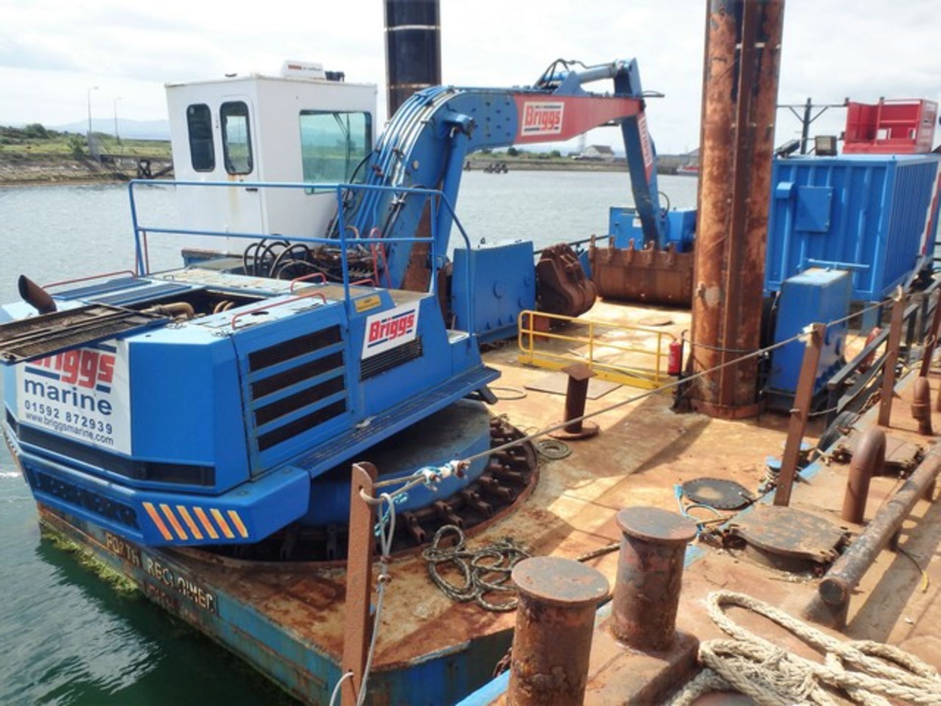 1957 STEEL DUMB BARGE WITH LIEBERR 962 EXCAVATOR C/W 3M & 5M BUCKETS, 3 X 16M SPUD LEGS - WINCH OPER