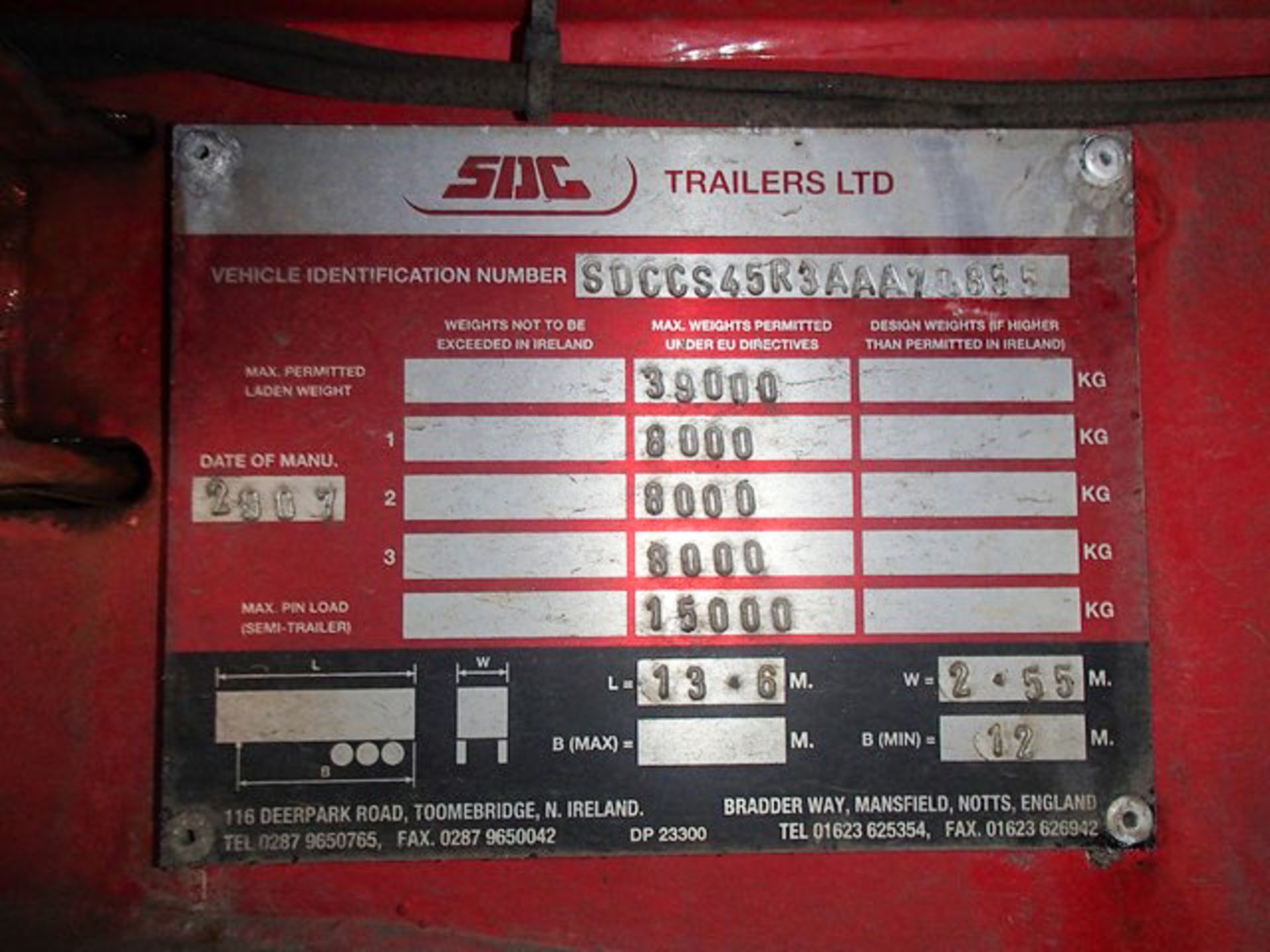 2007 S. D. C. CURTAINSIDER, TRAILER ID - C229027, 3 AXLES, MOT EXPIRY - 09/17 - Bild 8 aus 8