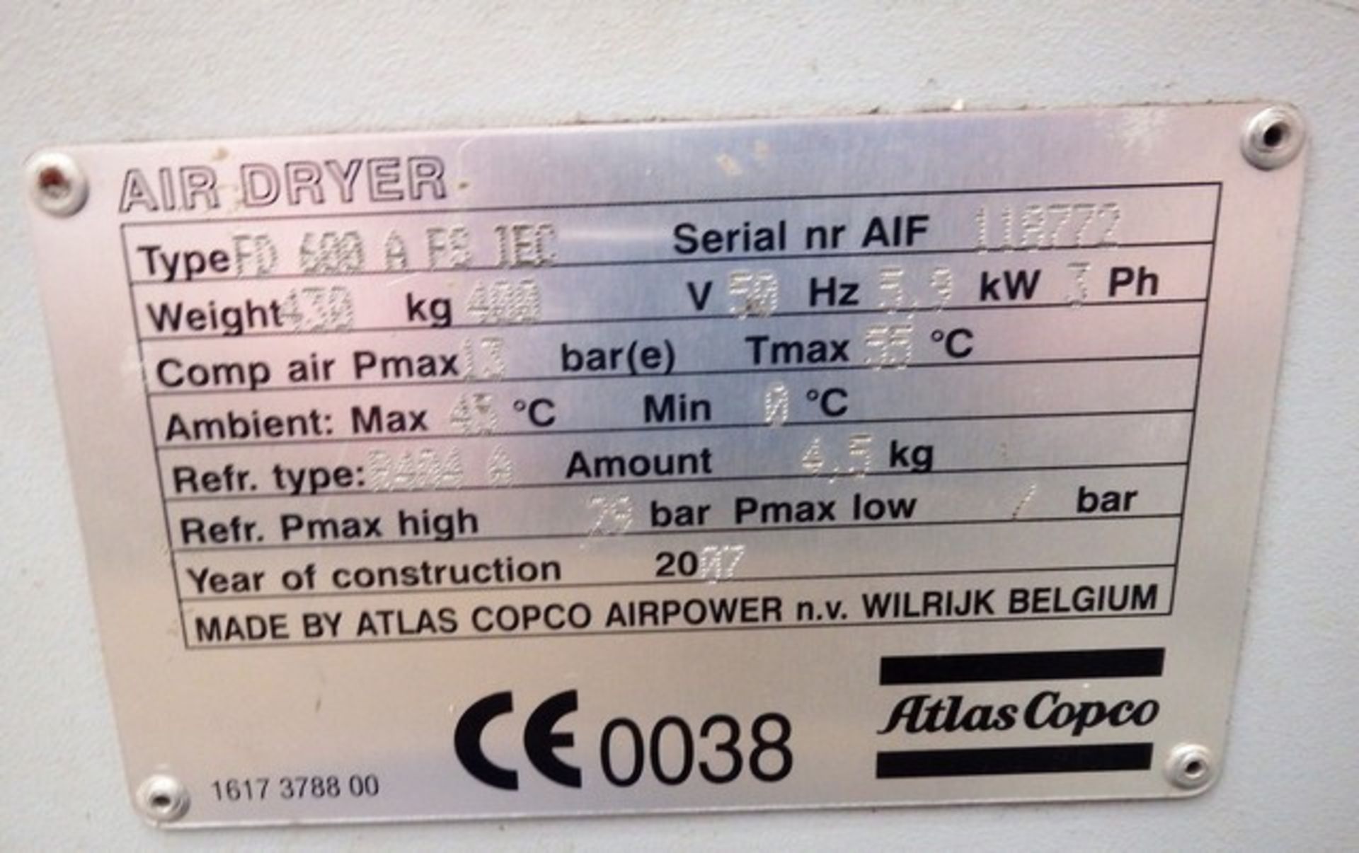 2007 ATLAS COPCO STATIONERY AIR COMPRESSOR MODEL GA160W-100X, C/W FD600 DRIER, ONLY DONE TEST HOURS - Image 6 of 7