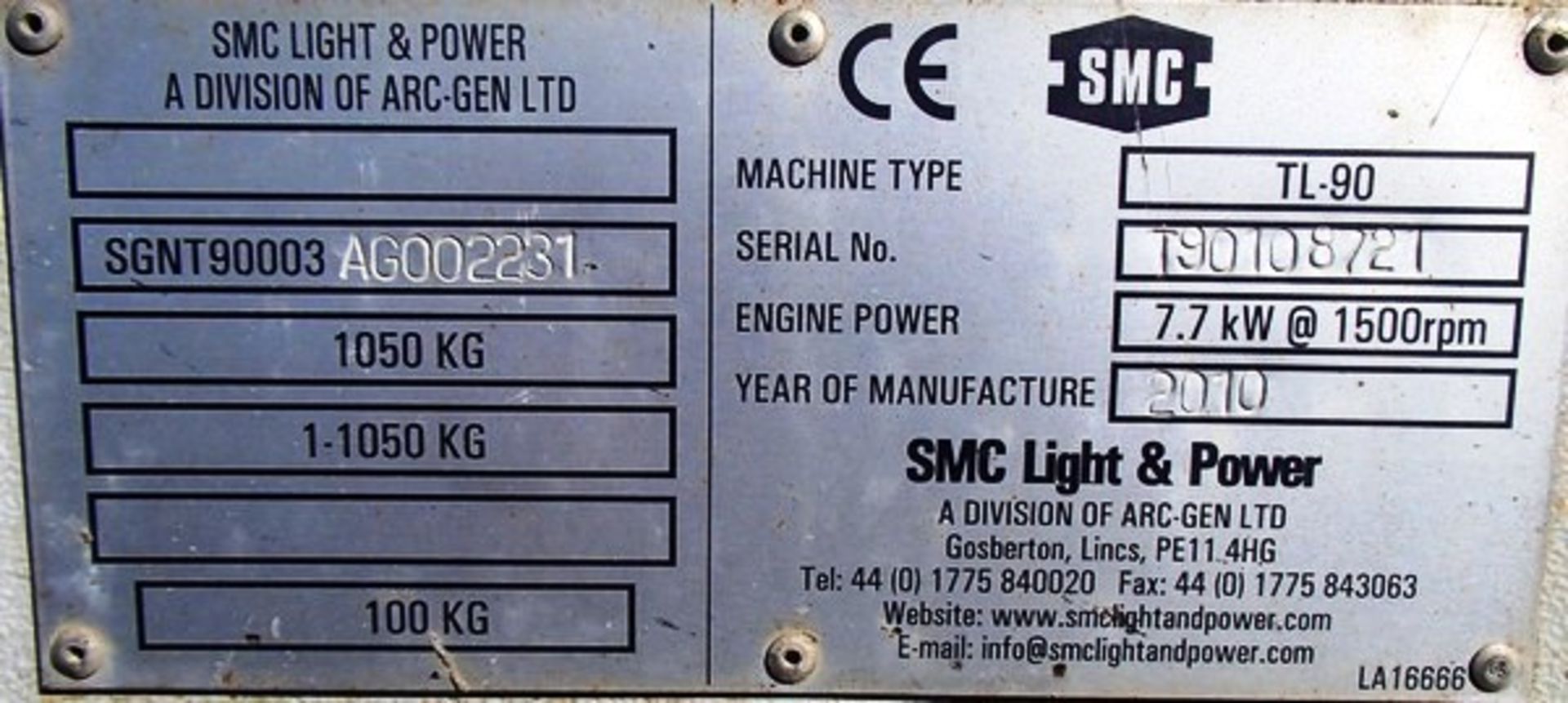 2010 SMC TL-90 SN t90108721 TOWABLE TOWER LIGHTS. ENGINE POWR 7.7KW@1500RPM. 932 HRS - Image 6 of 6