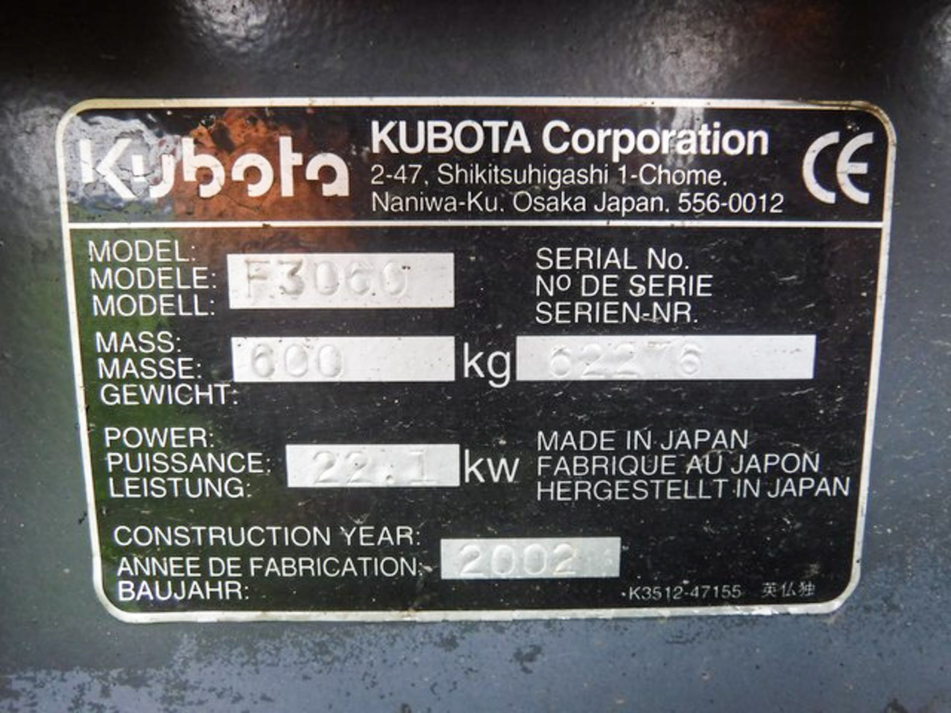 2002 KUBOTA F3060 RIDE ON MOWER, S/N 62276, POWER 22.1KW, 2615HRS (NOT VERIFIED) - Image 12 of 15