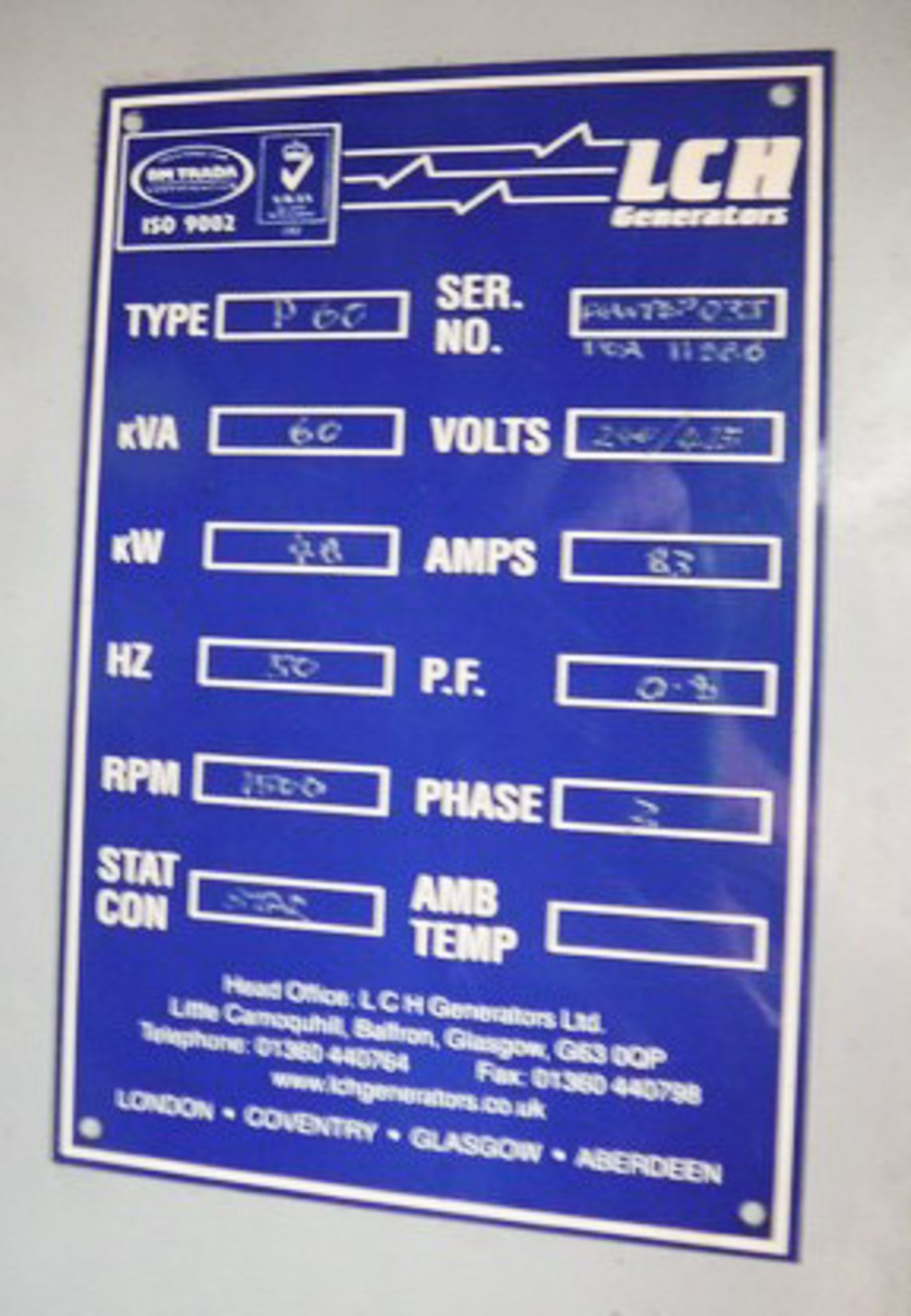 LCH GENERATOR TYPE P60, 60 KVA, VOLDS 240 / 415, 46KW, 83 AMPS, S/N FGWPEP03J DOA11886, REF - 60 - 2 - Image 8 of 9