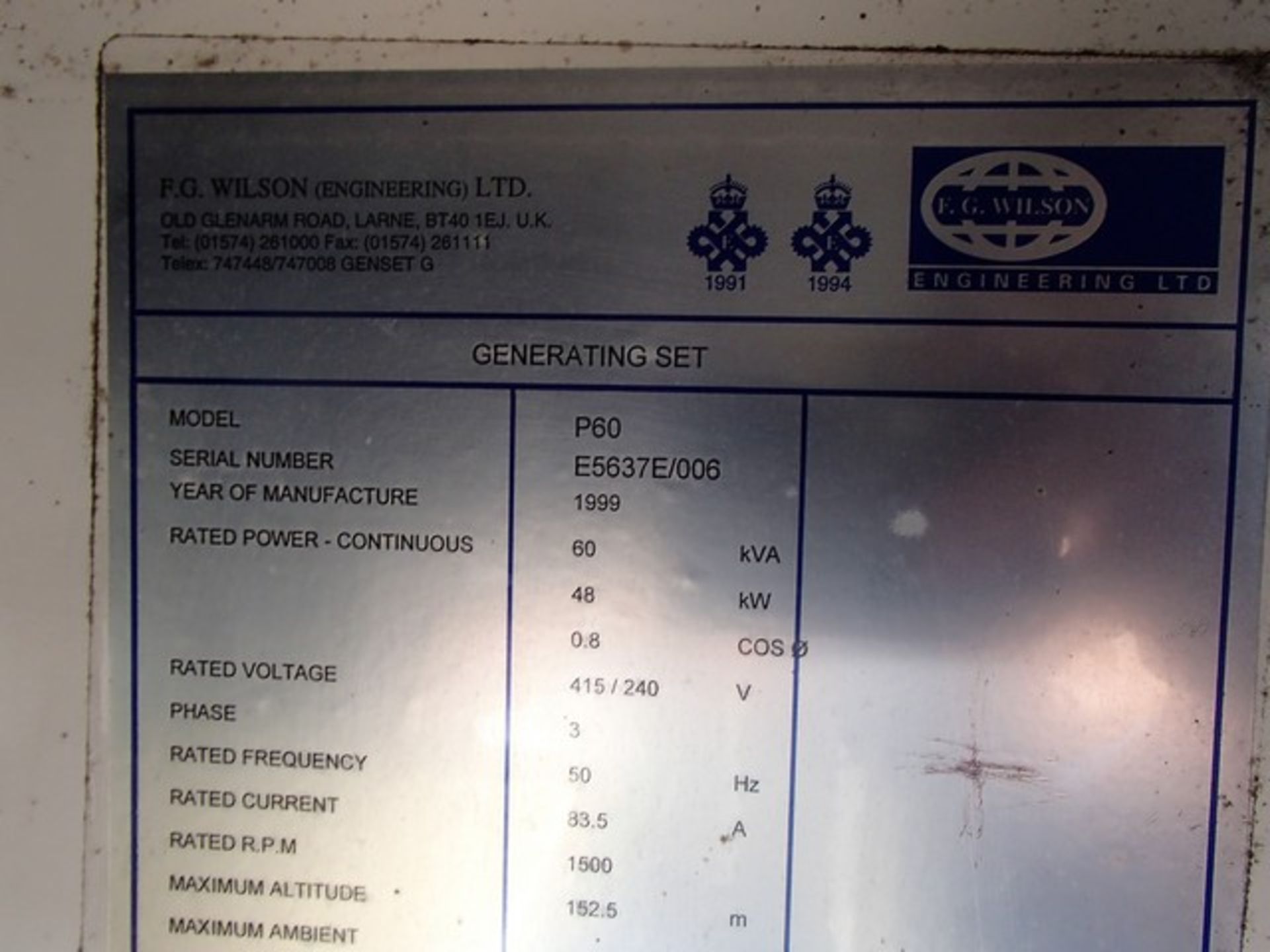 1999 F.G. WILSON GENERATOR, MODEL - P60, PERKINS ENGINE, 60KVA, 905HRS (NOT VERIFIED) S/N E5637E/006 - Image 15 of 16