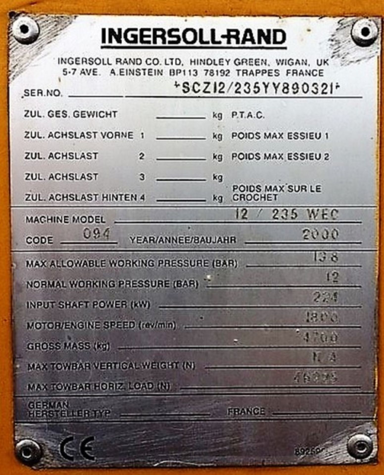 2000 INGERSOLL RAND TOWABLE COMPRESSOR MODEL 12/235 WEC. CODE 094. MAX PRESSURE 138 BAR. FITTED WITH - Image 11 of 12