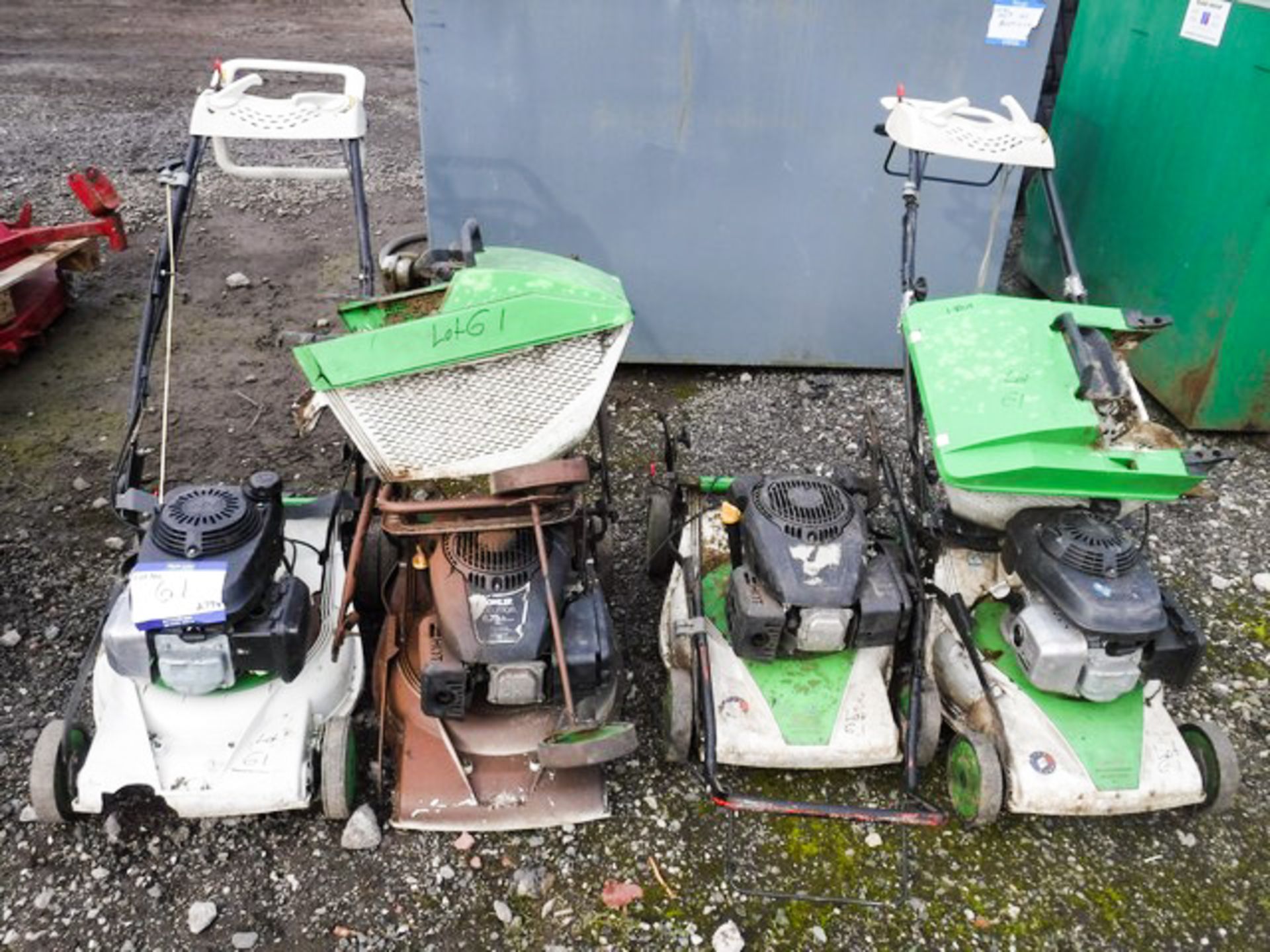 4 X ETESIA PETROL MOWERS WITH 2 BOXES, FOR SPARES OR REPAIRS