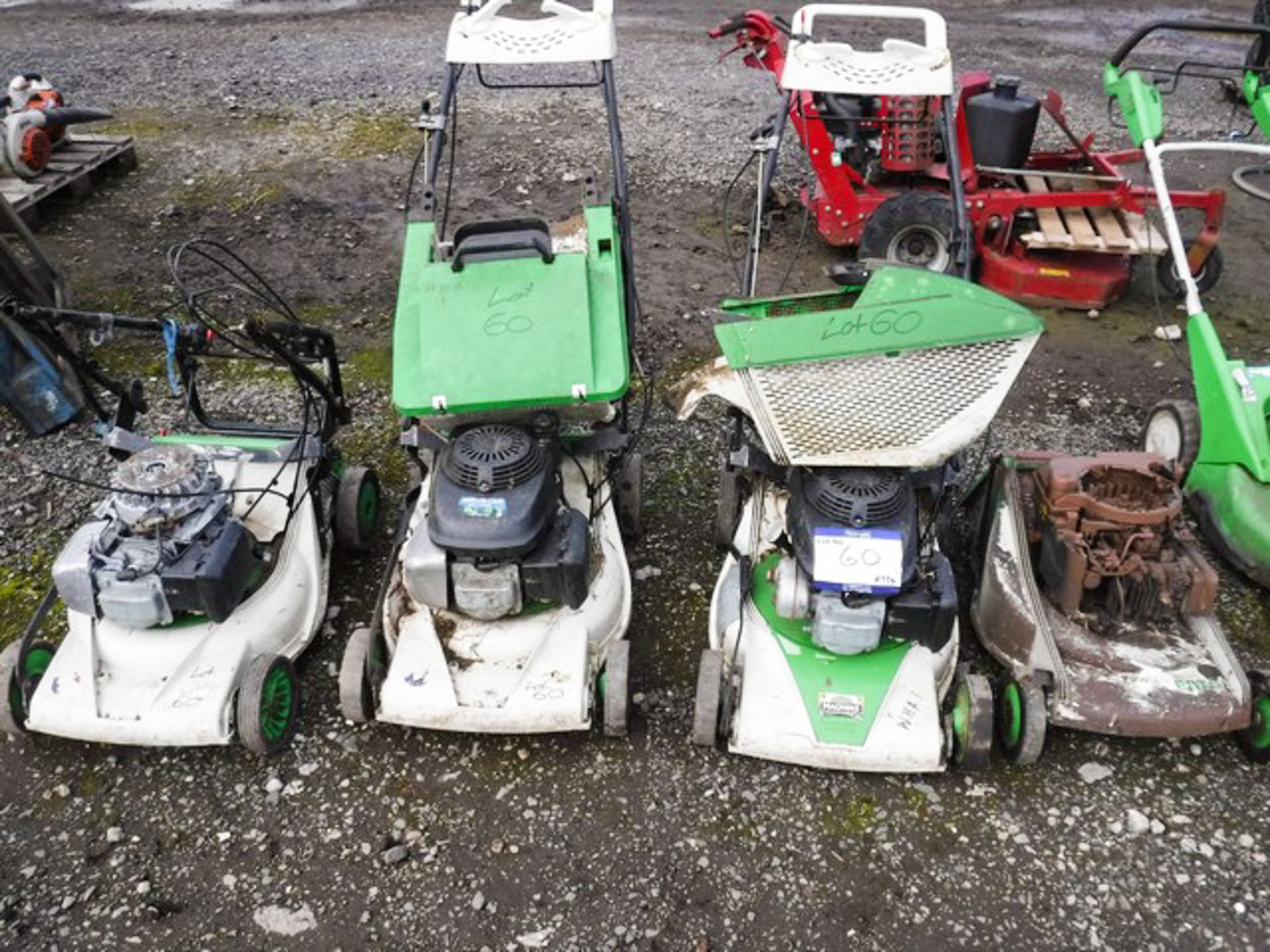 4 X ETESIA PETROL MOWERS, SELF PROPELLED, 2 BOXES, FOR SPARES OR REPAIRS