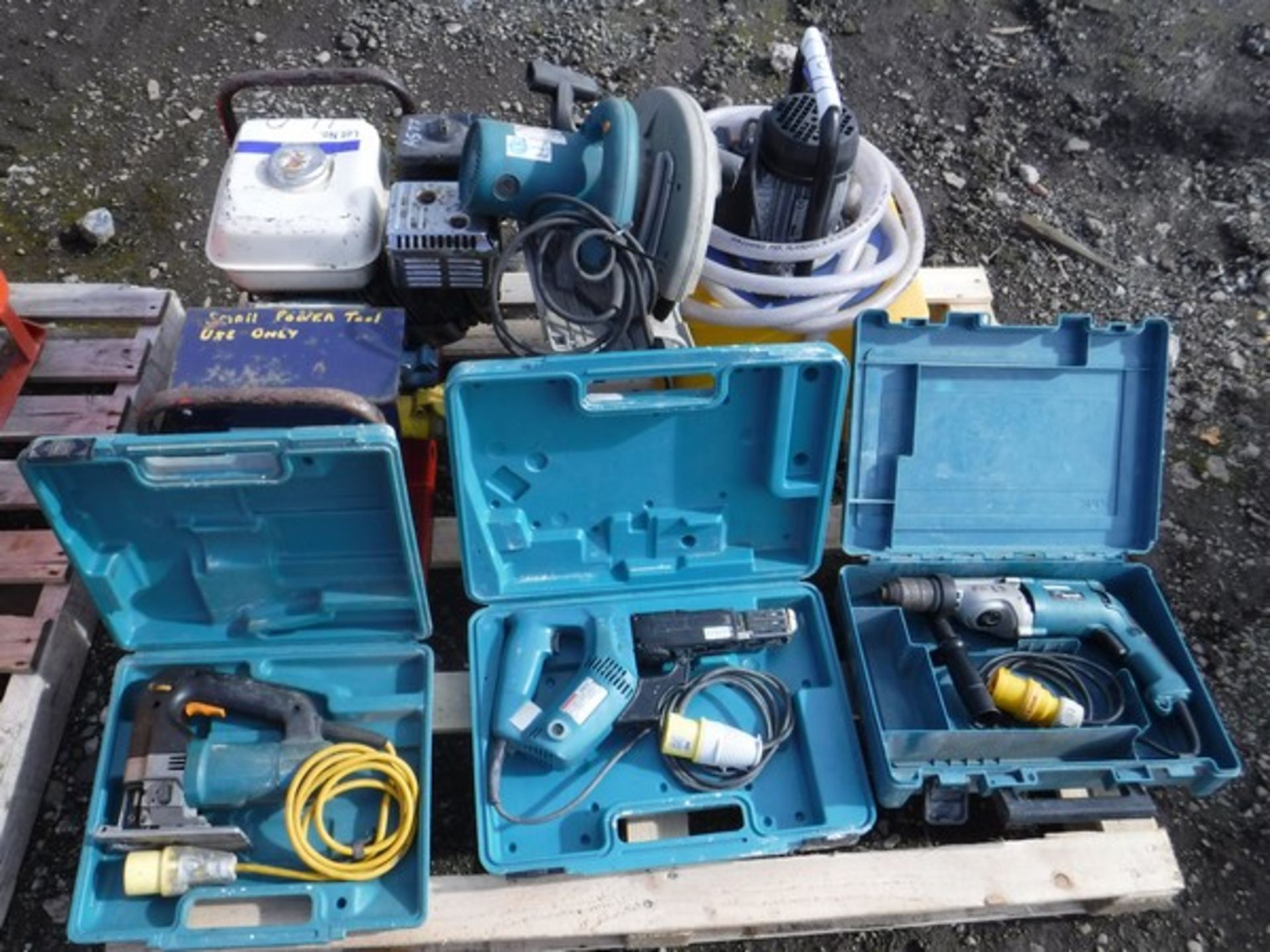 HONDA PETROL GENERATOR, MAKITA RIP SAW, YELLOW PUMP, MAKITA JIGSAW, 110V HAMMER DRILL, 110V NAIL GUN