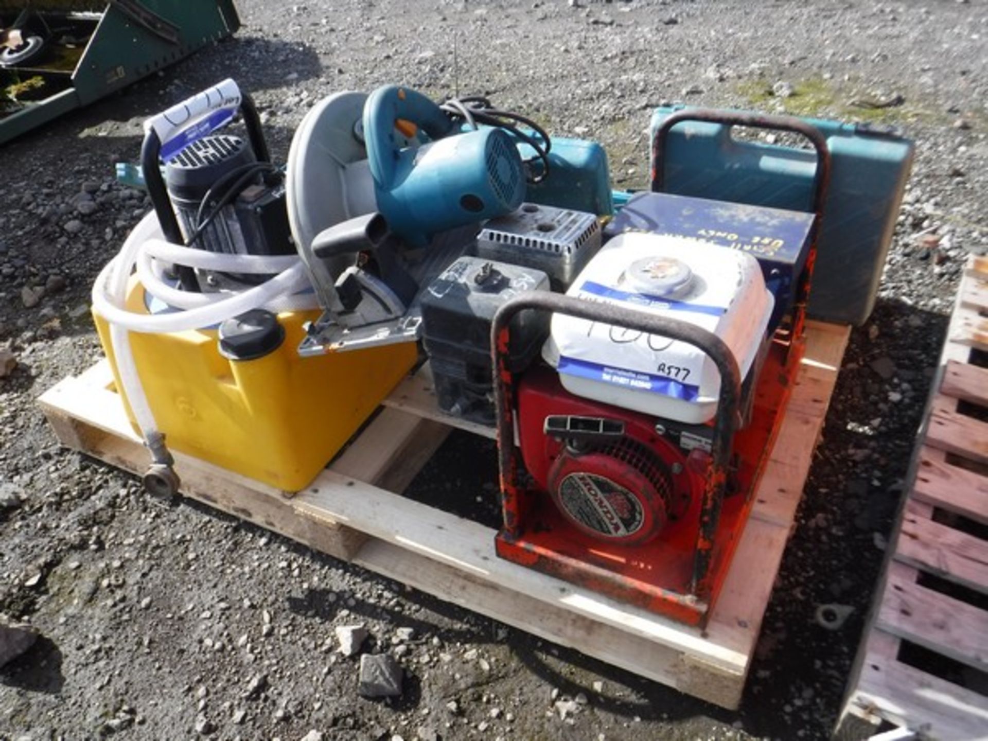 HONDA PETROL GENERATOR, MAKITA RIP SAW, YELLOW PUMP, MAKITA JIGSAW, 110V HAMMER DRILL, 110V NAIL GUN - Image 4 of 8