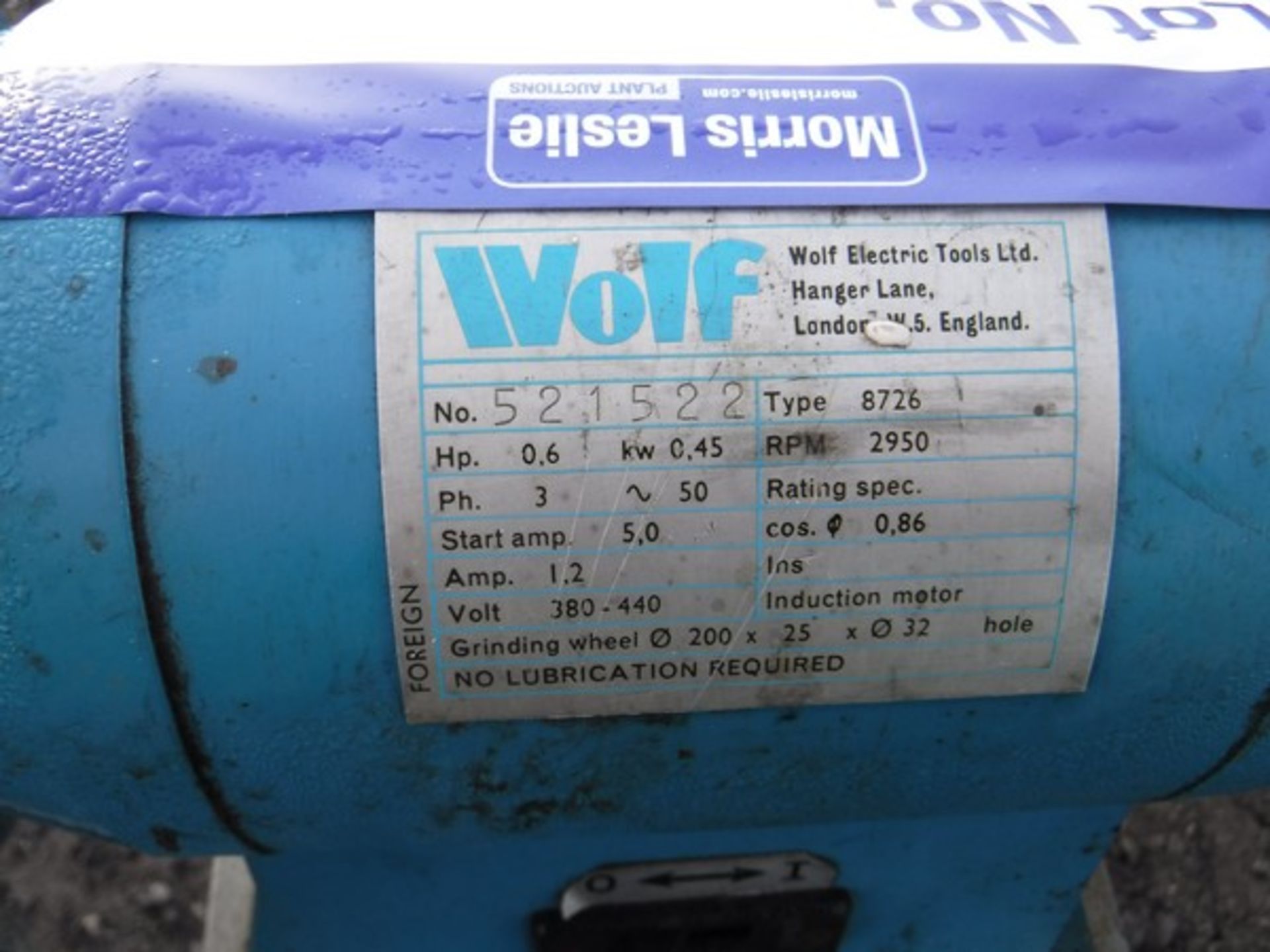 WOLF TWIN WHEEL GRINDER.SN521522. TYPE 8726. PHASE 3 - Image 2 of 2