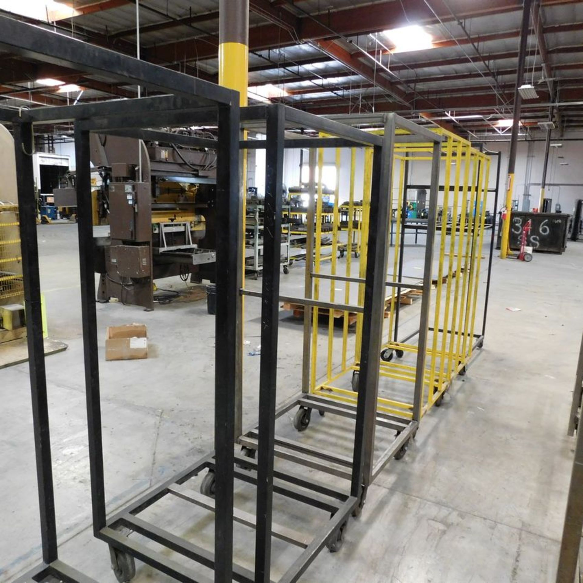 LOT - (6) UPRIGHT STEEL RACKS ON CASTERS