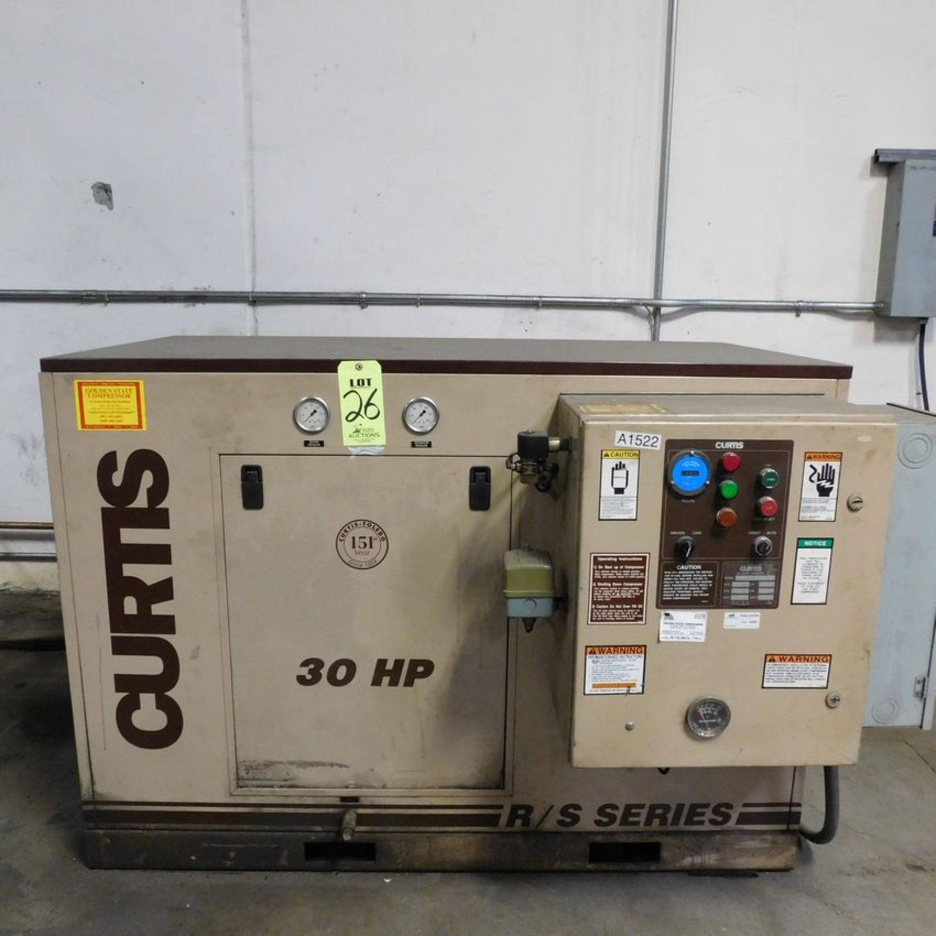 CURTIS MODEL RS1530B ROTARY SCREW TYPE AIR COMPRESSOR, 30HP, S/N 03B050001, 460V, 125PSI (ADVANCED