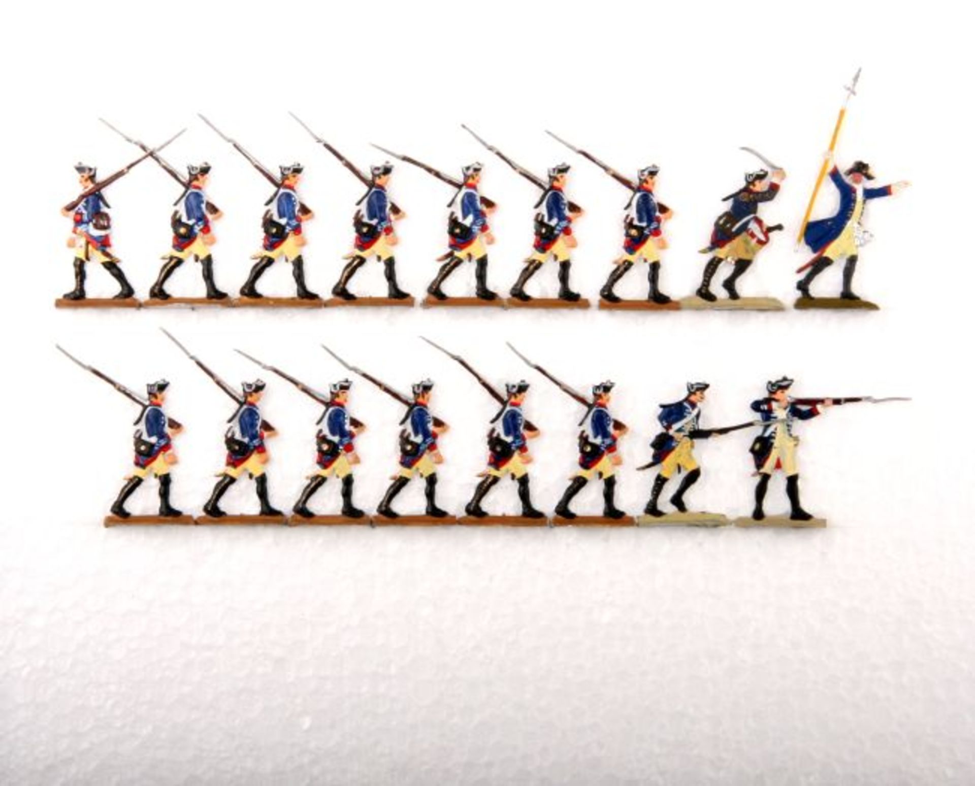 Preußen um 1760, Musketiere von Infanterie-Rgt. v. Kalnein Nr. 4 im Marsch und Angriff, Scholtz,