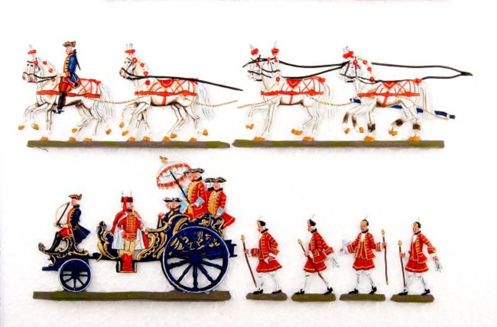 Preußen um 1750, 8-spänniger Phaeton mit Friedrich II. und Prinz Heinrich, Leib-Husaren, Pagen und