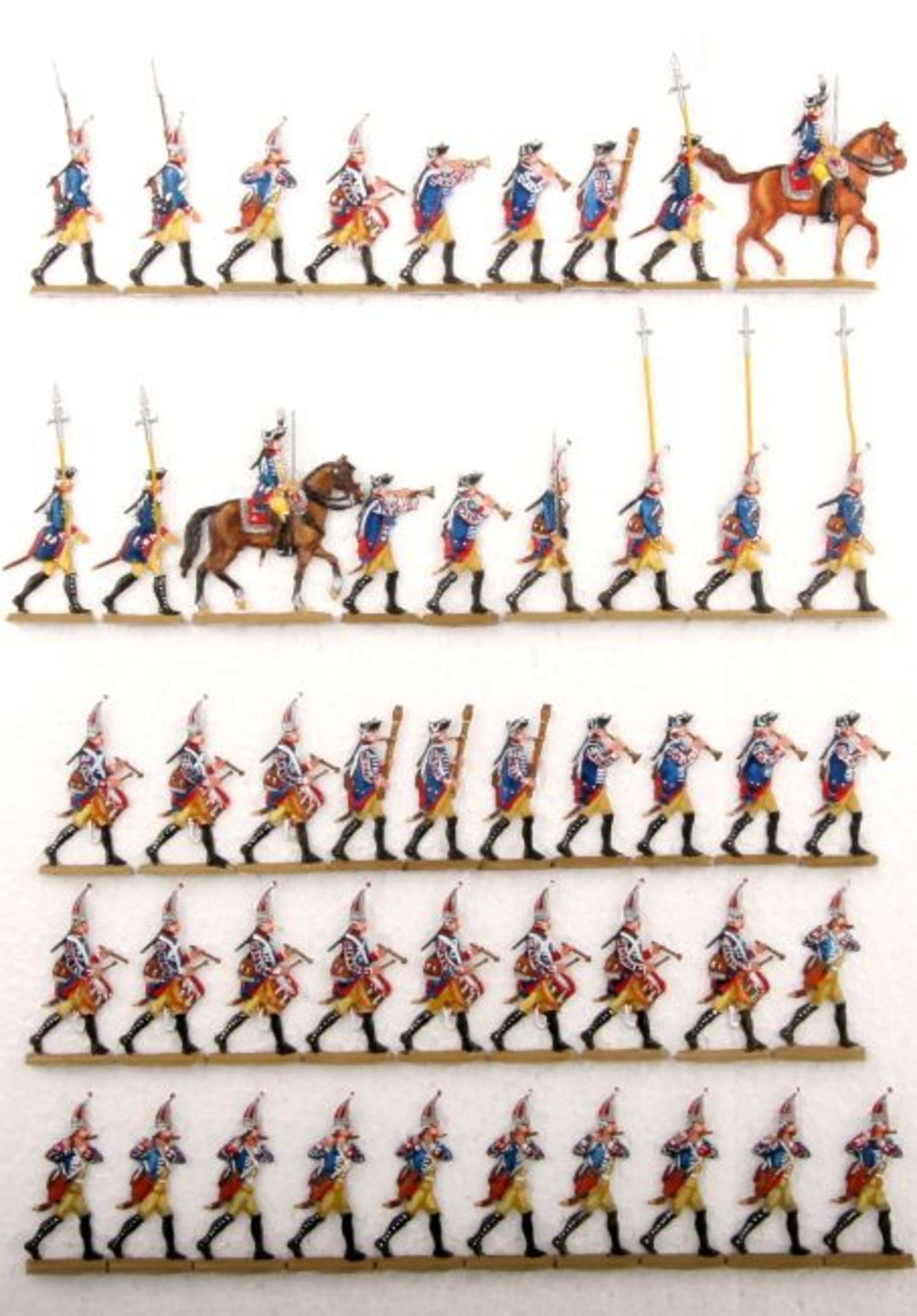 Preußen um 1760, Regiment Garde Nr. 15, 1. Bataillon im Revue-Marsch mit Spielleuten, Grünewald