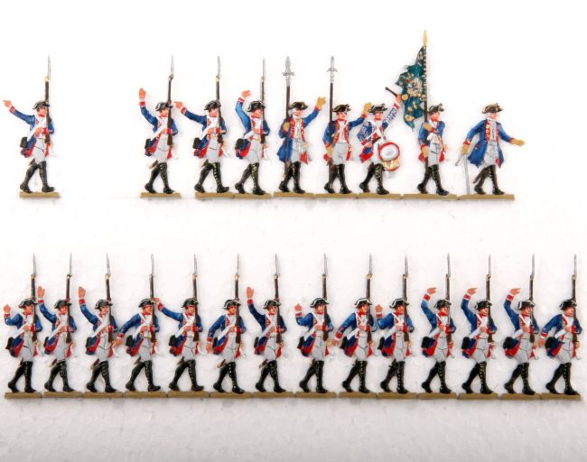 Preußen um 1760, Infanterie-Rgt. v. Bornstedt Nr. 20, Musketiere im Marsch, teilweise jubelnd,