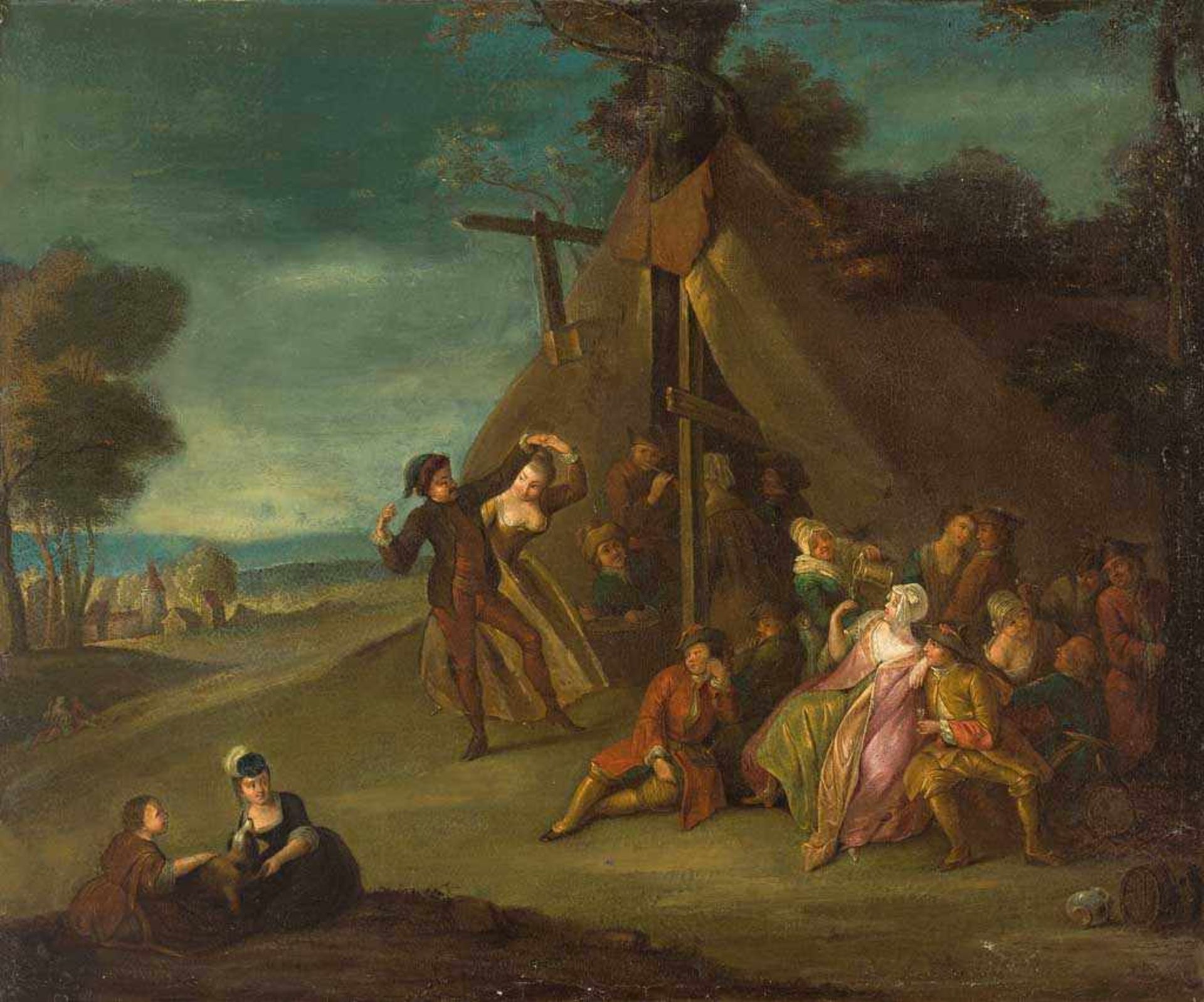 Maler des 18./19. Jh. im Stil von Watteau. Festende Gesellschaft vor einem Zelt. Öl/Lwd. 54 x 64,5