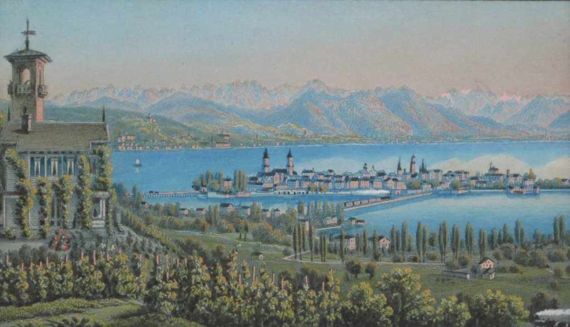 Lindau. Blick vom Hoyerberg auf die Insel, links das Hoyerberg-Schlösschen. Aquatinta bei