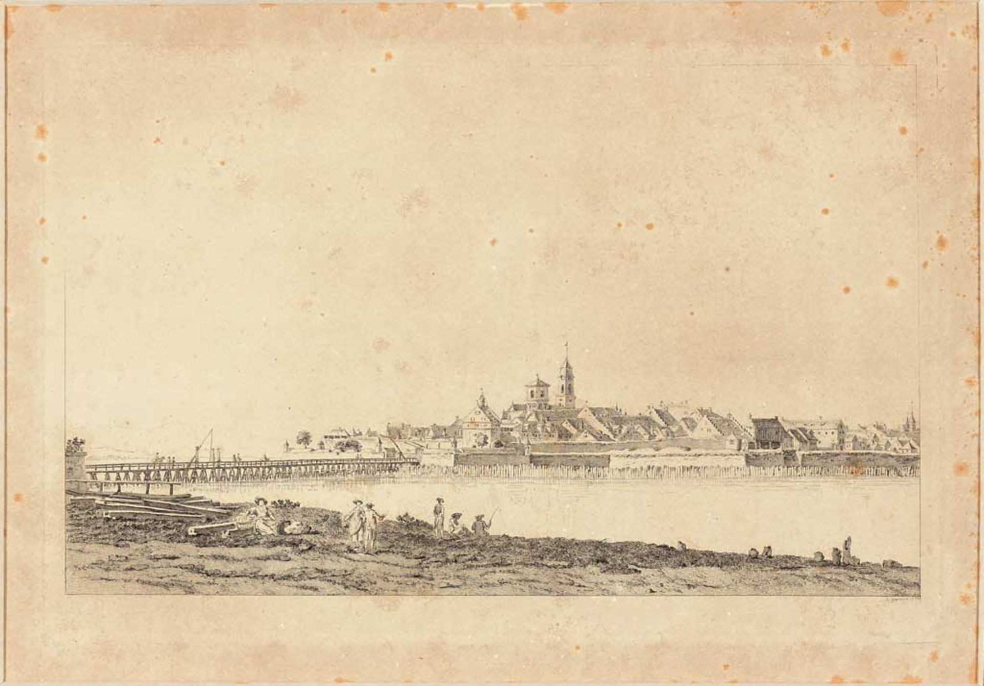 Lindau. Blick vom Aeschacher Ufer auf die Insel, im Vordergrund Figurenstaffage mit Angler.