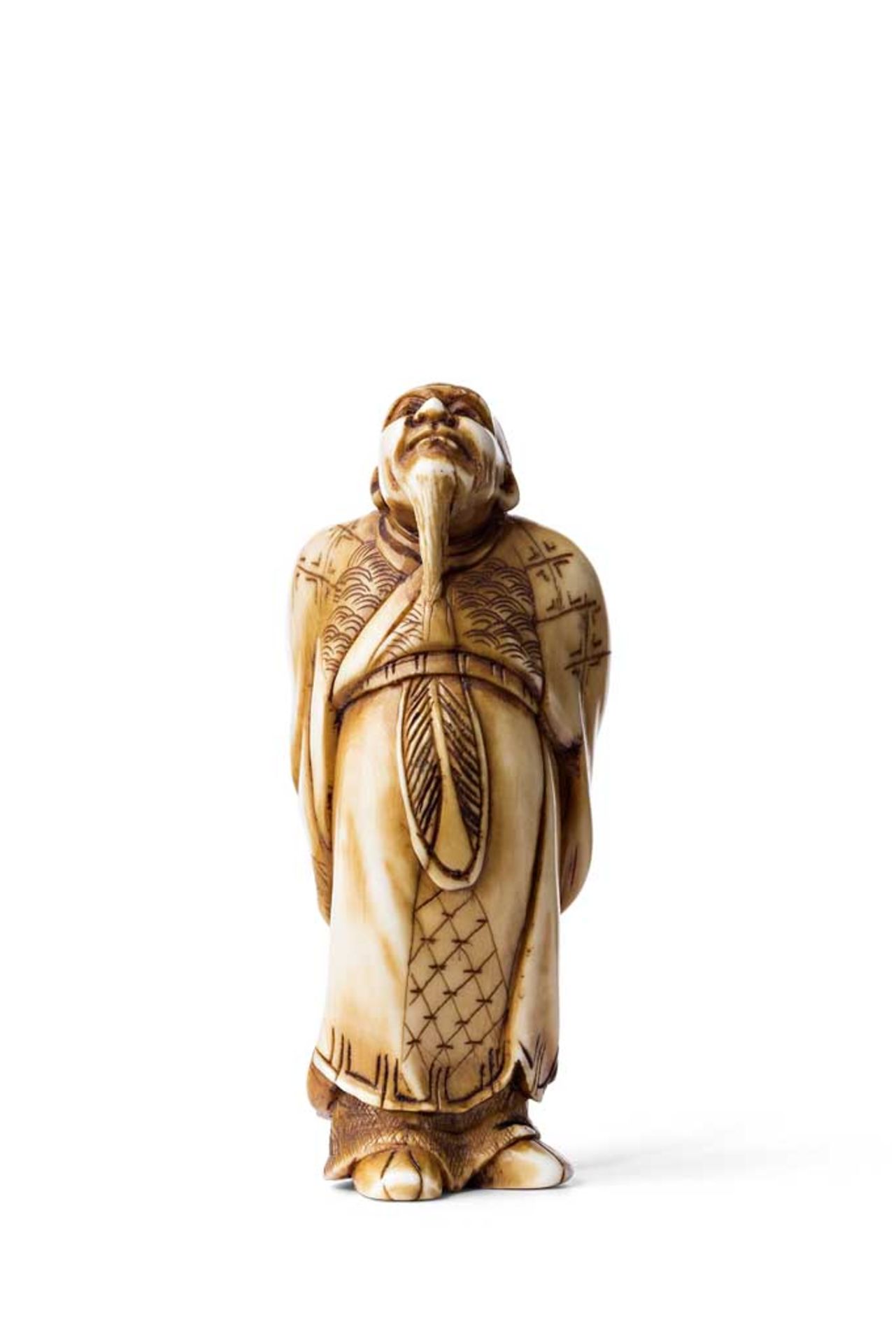 Netsuke. Sinnierender alter Mann mit Palmfächer. Elfenbein. Japan, 19. Jh. H 5 cm