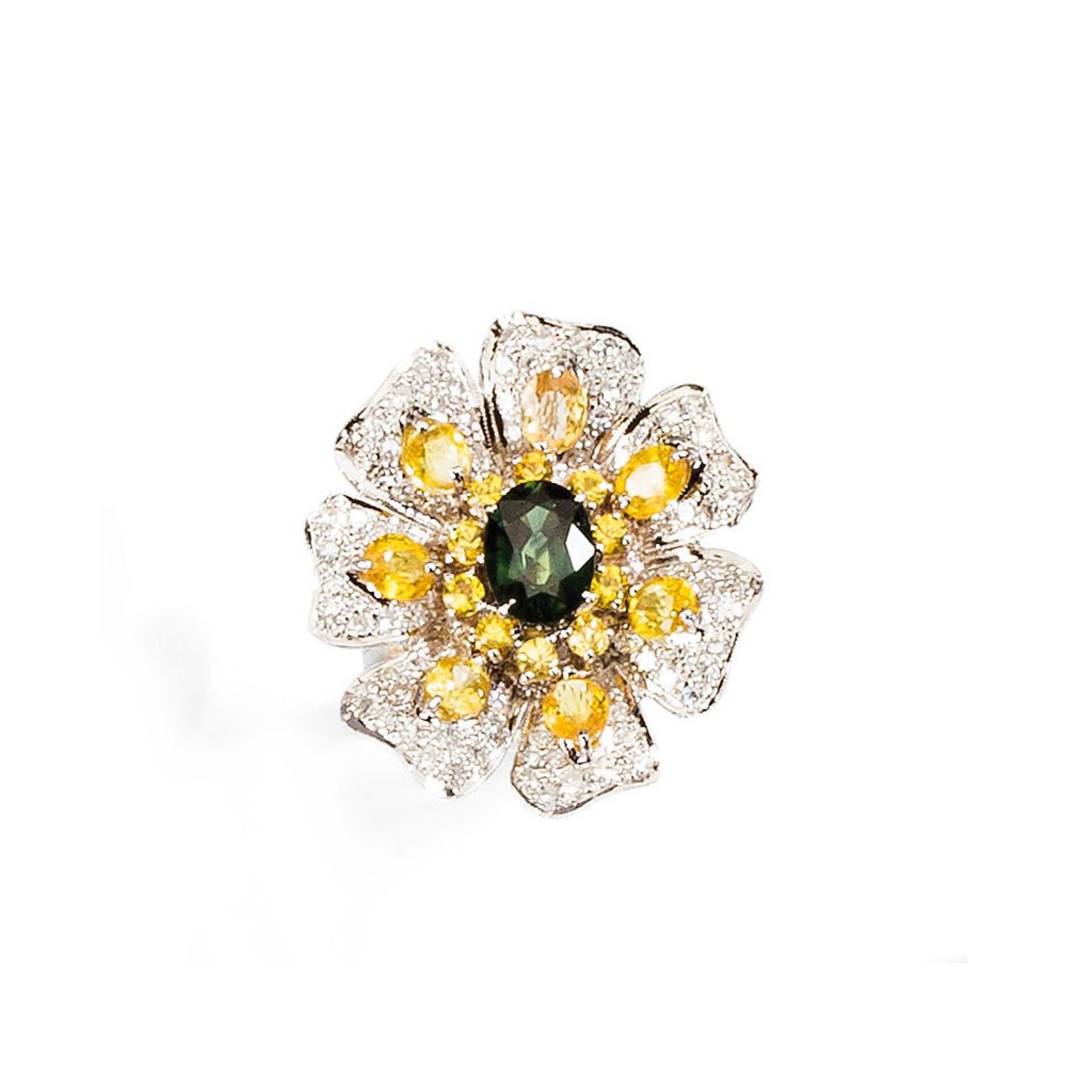 Großer blütenförmiger Brillant-/Turmalinring. Grüner Turmalin, Citrine und Brillanten in 14 ct. WG-